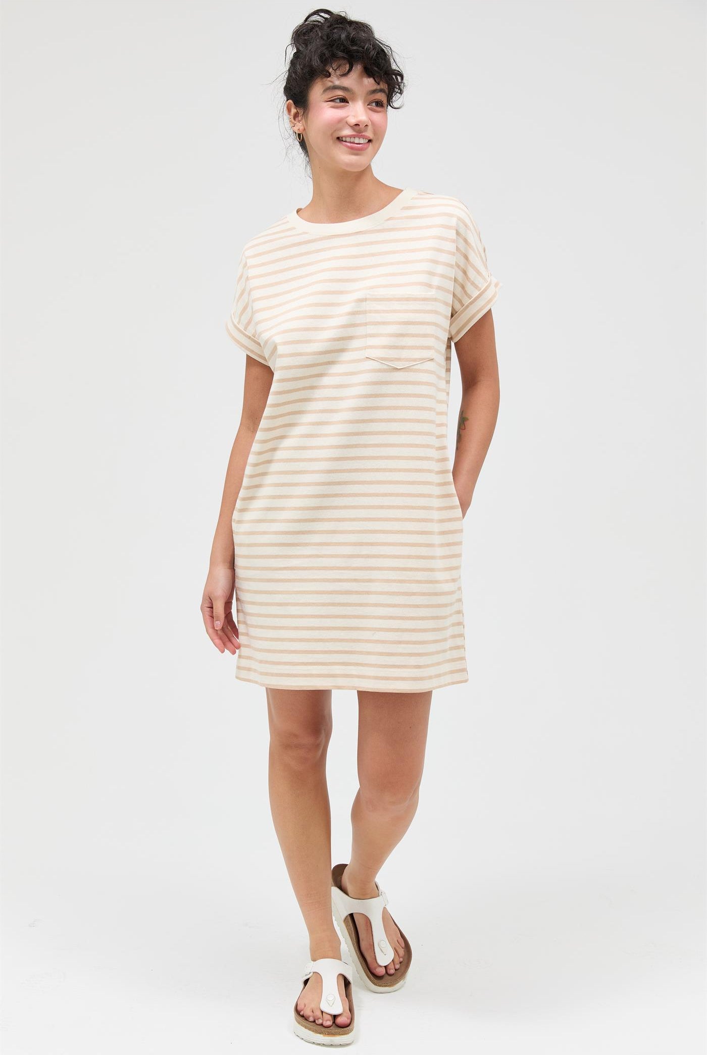 Wholesale Striped T-Shirt Mini Dress Dresses DZ26C067 TAUPE DOUBLE ZERO