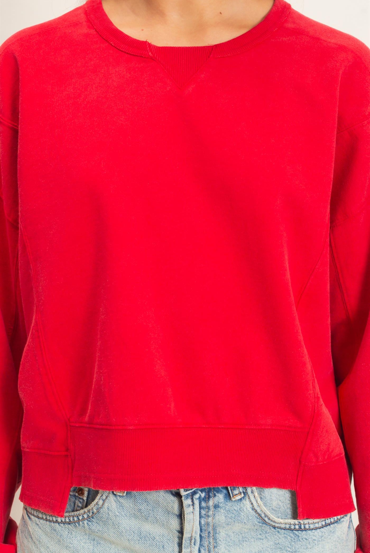 Wholesale Acid Wash Seam Detail Crew Neck Sweatshirt Sweatshirts DZ26E260 RED DOUBLE ZERO