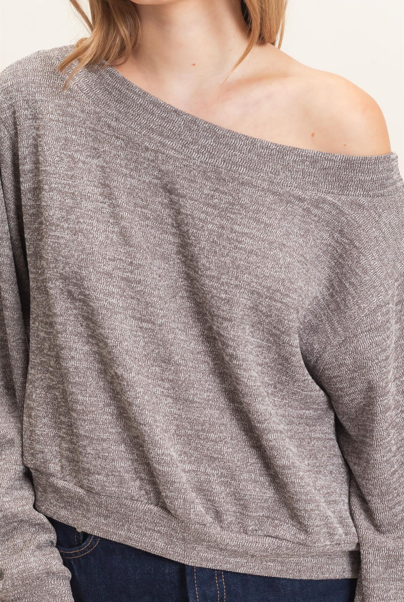 Wholesale Off Shoulder Knit Sweatshirt Blouses HF26F028 CHARCOAL HYFVE