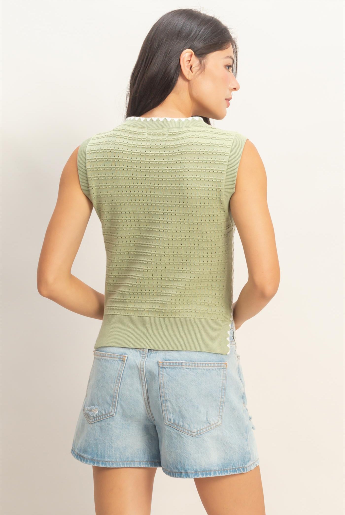 Wholesale Eyelet Sleeveless Knit Top Clothing Tops DZ26A617 SAGE GEEEN DOUBLE ZERO