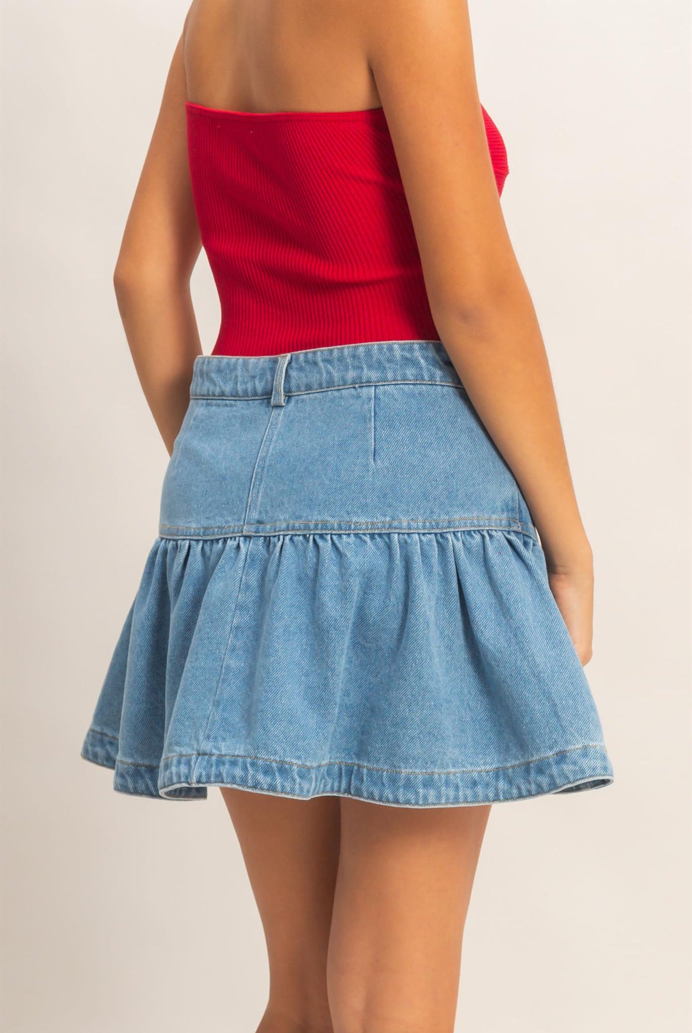 Wholesale Denim Ruffle Skirt Skirts HF26A274 MEDIUM DENIM HYFVE