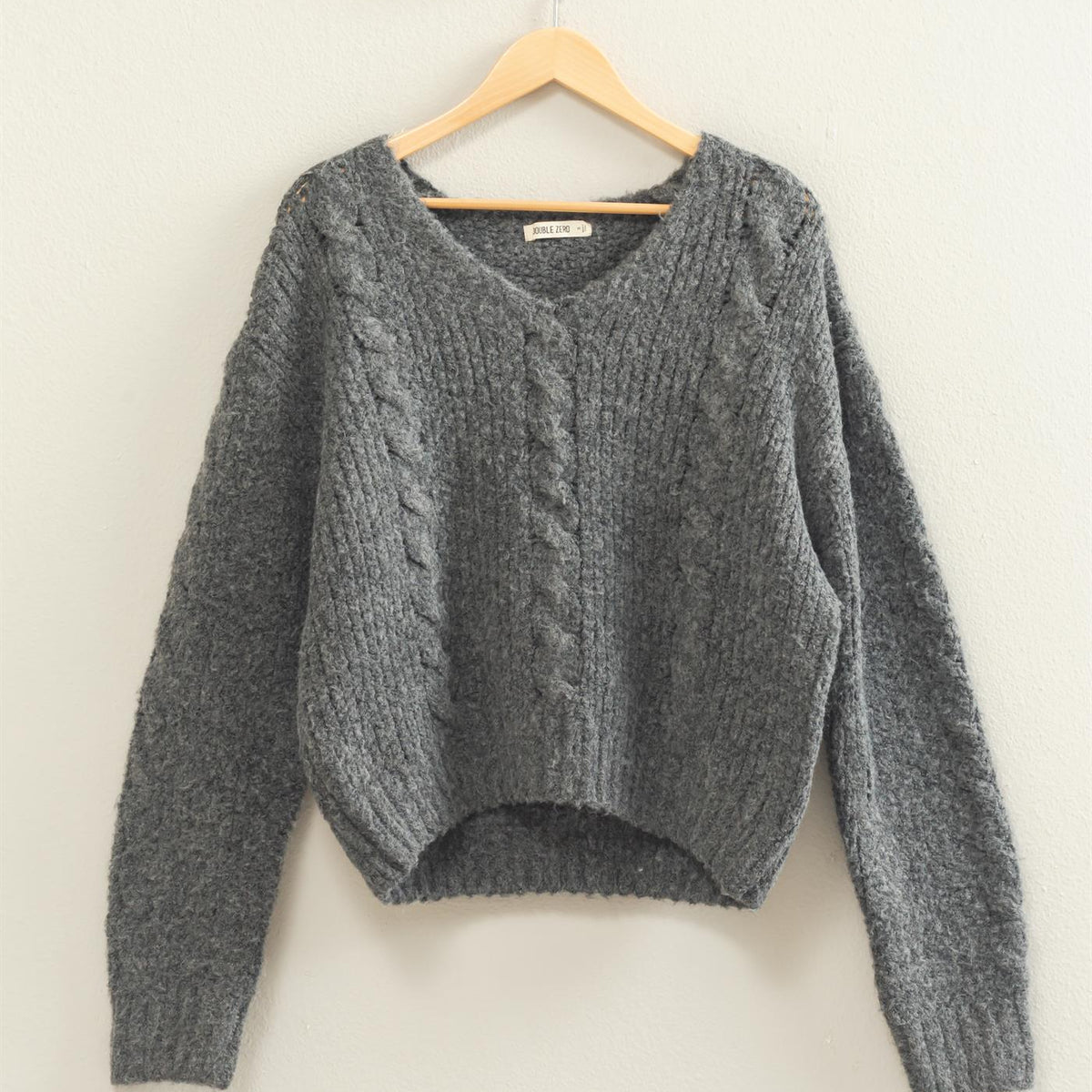 Wholesale Cable Knit V-Neck Sweater Sweaters DZ26E107 CHARCOAL DOUBLE ZERO