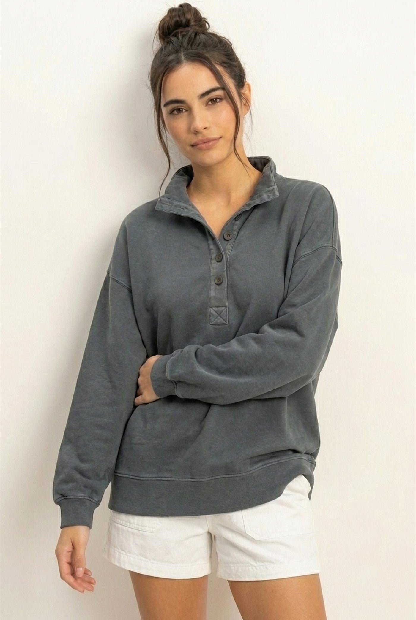 Wholesale Mineral Wash Button Front Sweatshirt Sweatshirts DZ26C909 DARK GRAY DOUBLE ZERO