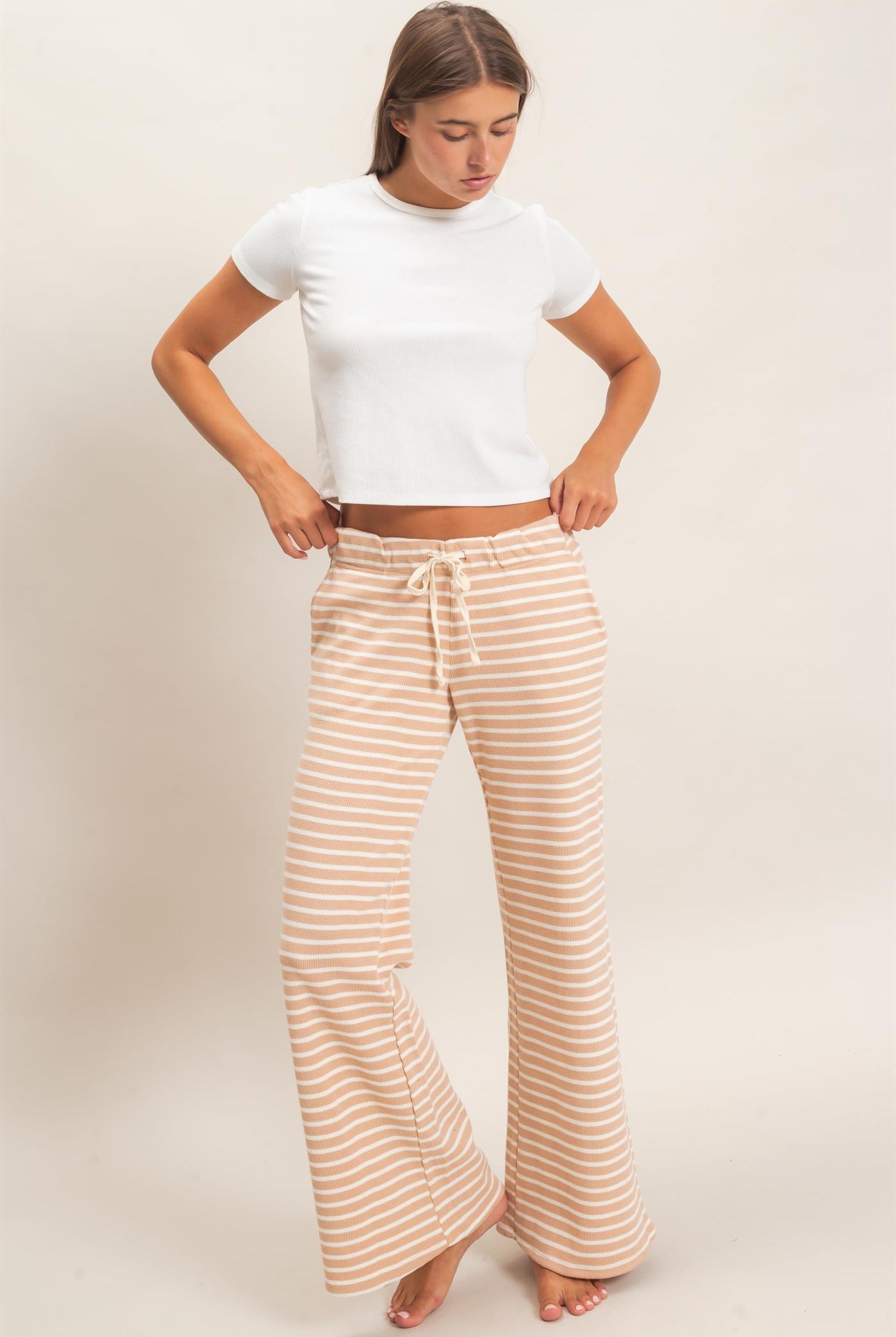 Wholesale Low Rise Striped Waffle Knit Pants Pants DZ26E553 SAND DOUBLE ZERO