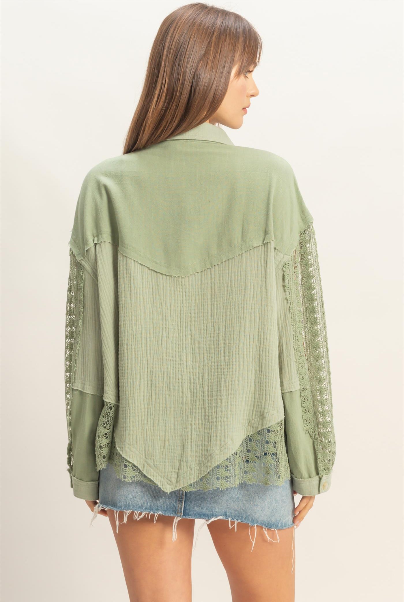 Wholesale Lace Panel Button-Up Shirt Shirts HF26C315 LIGHT OLIVE HYFVE