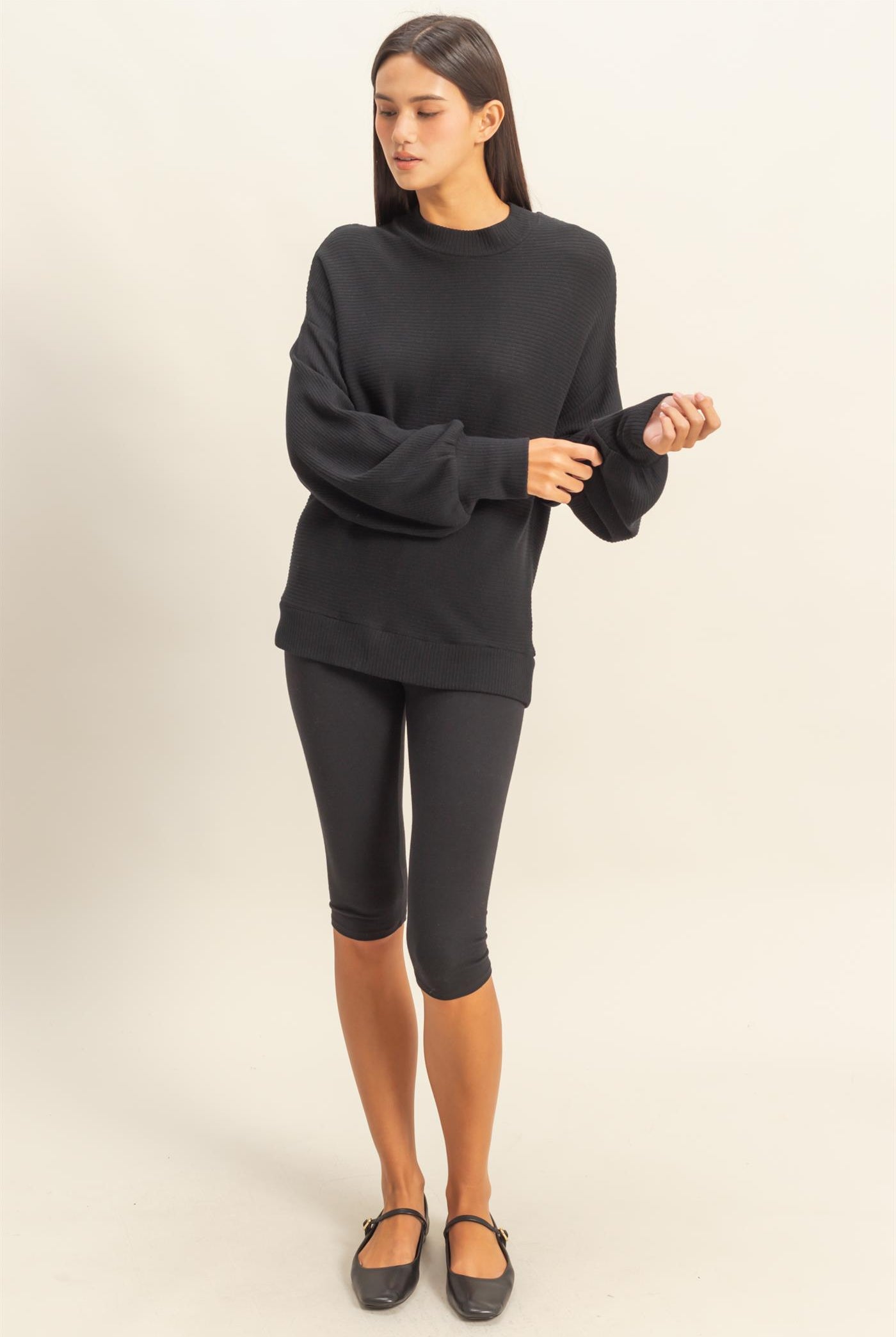 Wholesale Ribbed Balloon Sleeve Top Clothing Tops DZ24A099 BLACK DOUBLE ZERO