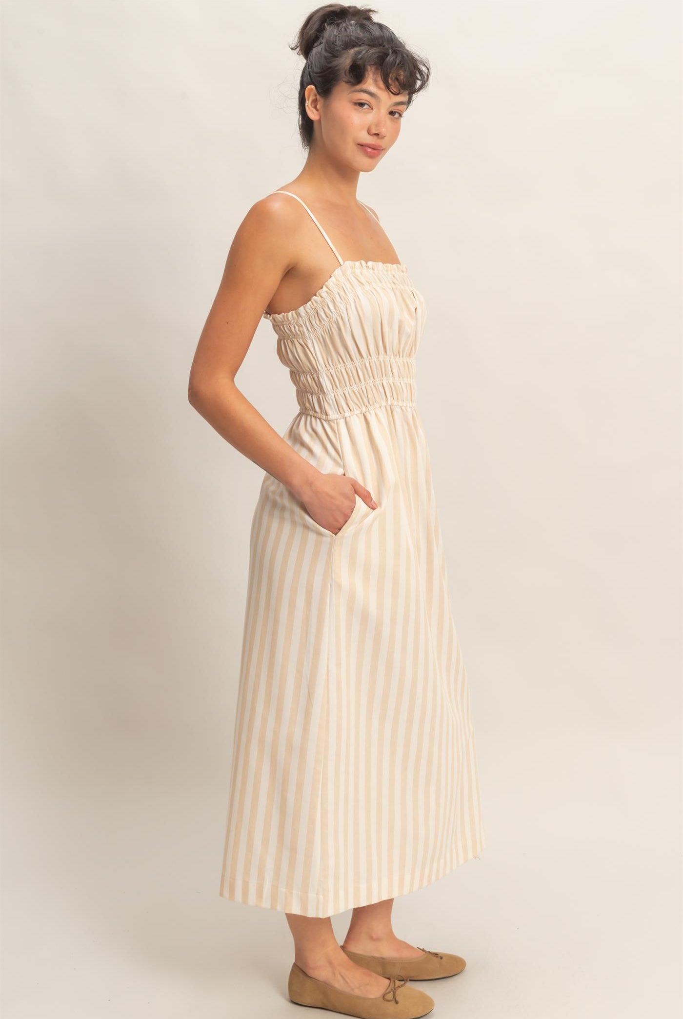 Wholesale Striped Spaghetti Strap Smocking Midi Dress Dresses DZ26C191 TAUPE DOUBLE ZERO