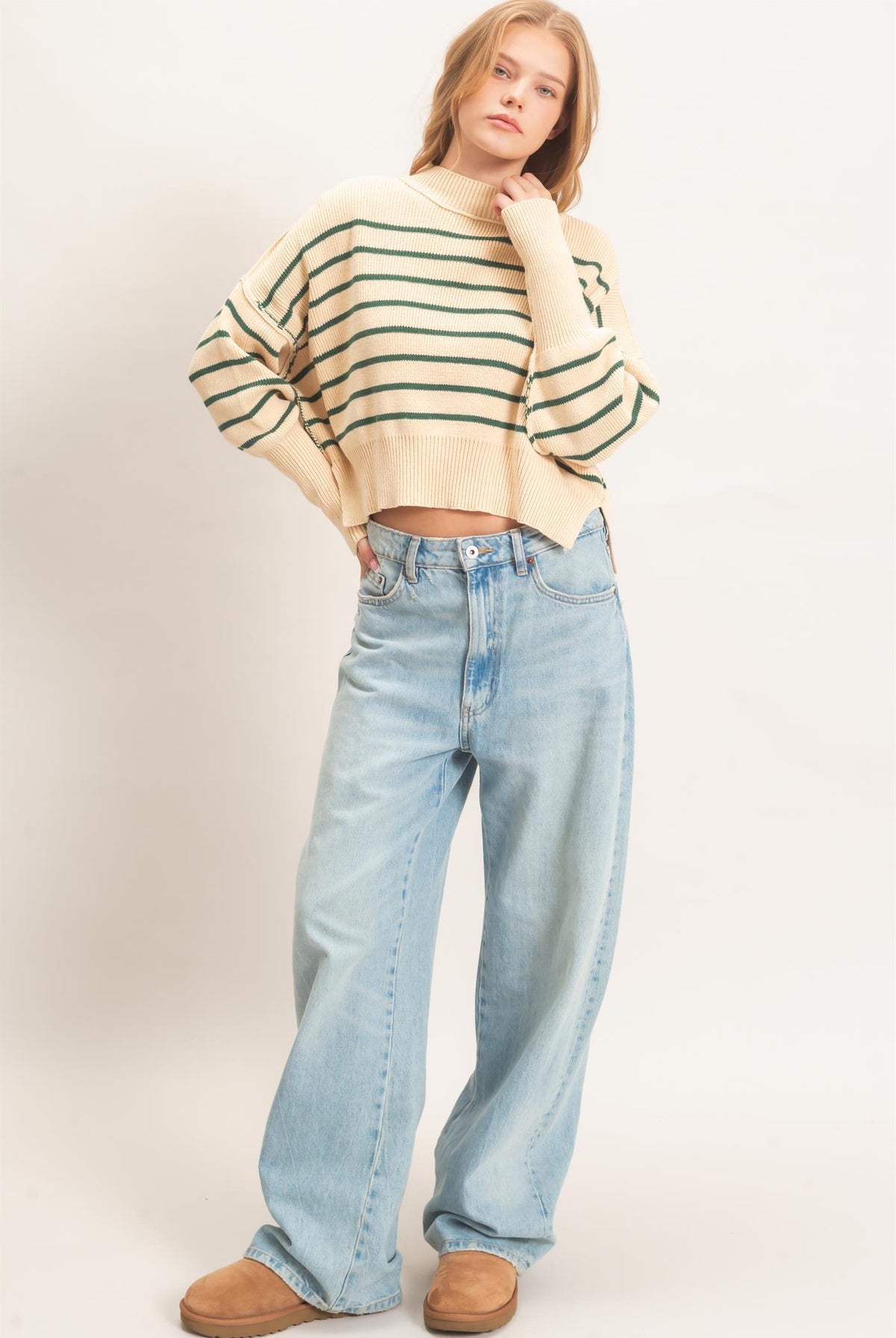 Wholesale Striped Mock Neck Cropped Sweater Sweaters HF26F192 GREEN HYFVE