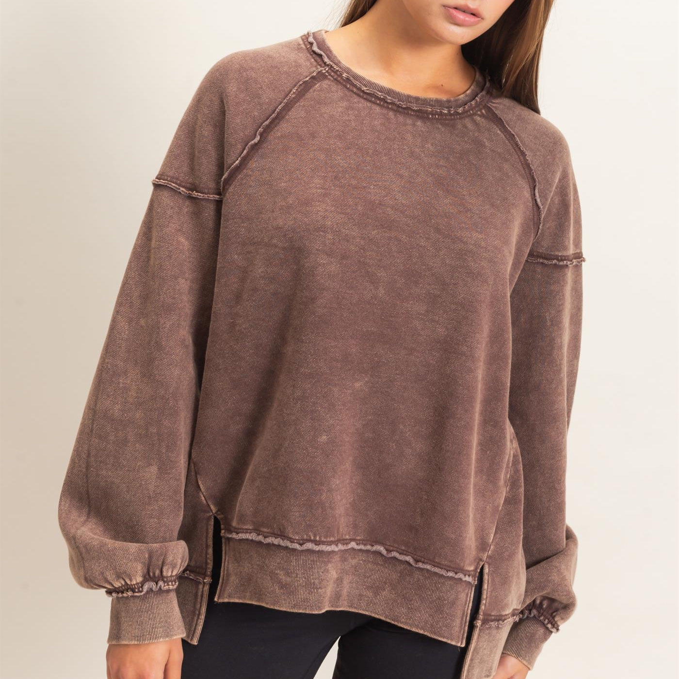 Wholesale Acid Wash Raw Edge Sweatshirt Sweatshirts DZ26C910 DARK BROWN DOUBLE ZERO