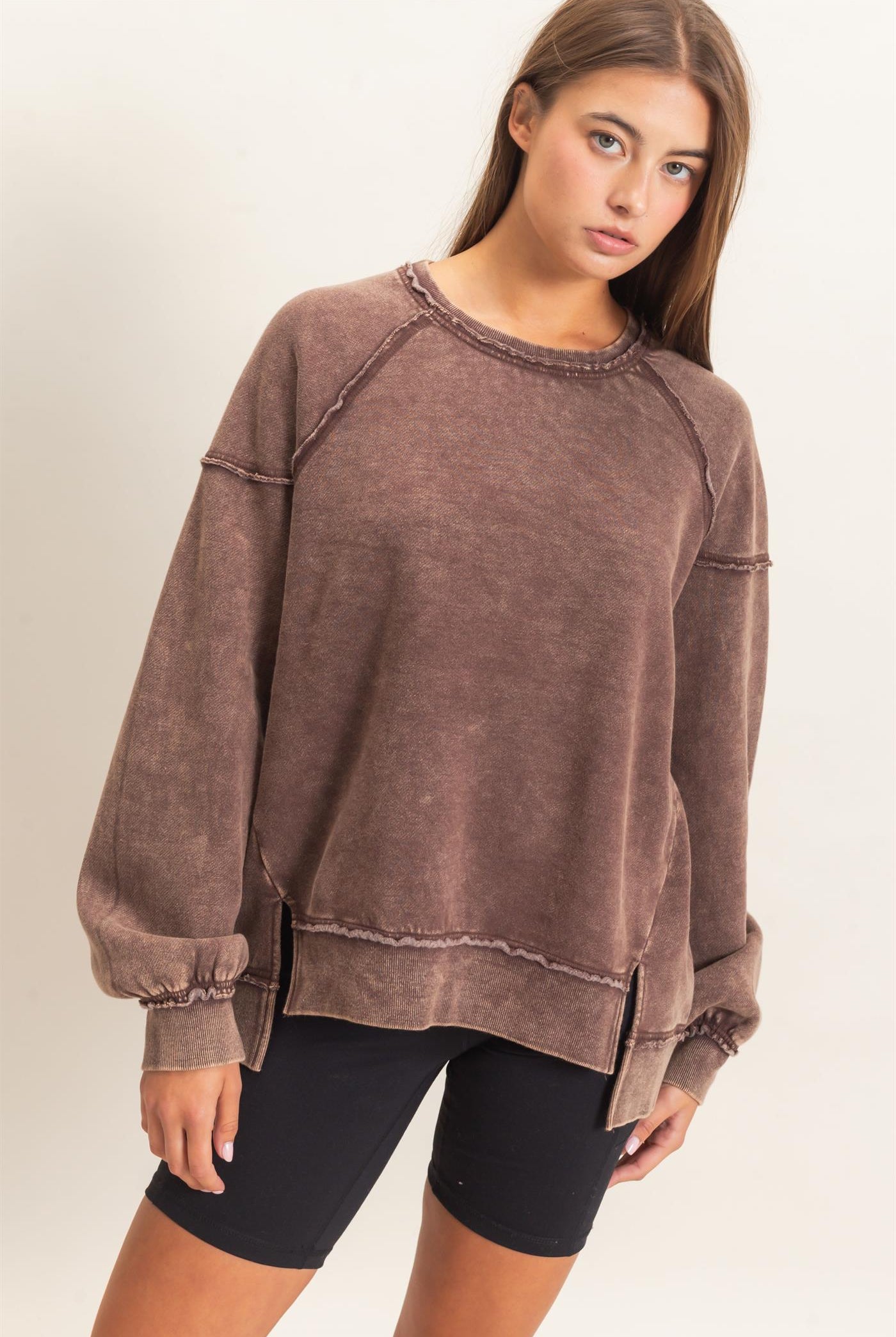Wholesale Acid Wash Raw Edge Sweatshirt Sweatshirts DZ26C910 DARK BROWN DOUBLE ZERO