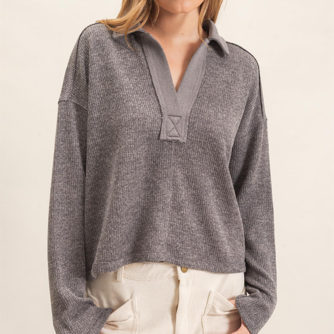Wholesale Ribbed Collared Pullover Top Clothing Tops HF26E472 GRAY HYFVE