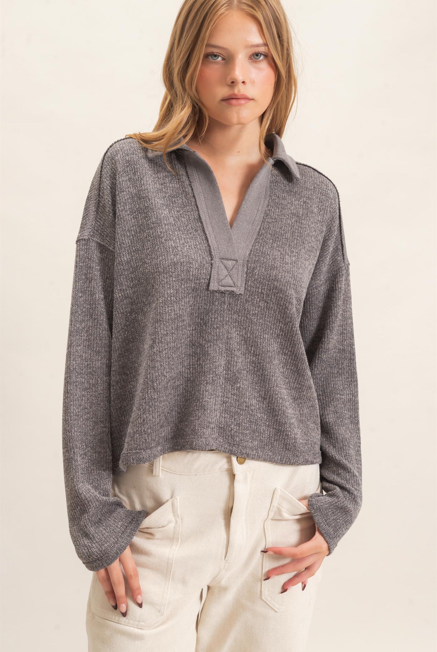 Wholesale Ribbed Collared Pullover Top Clothing Tops HF26E472 GRAY HYFVE