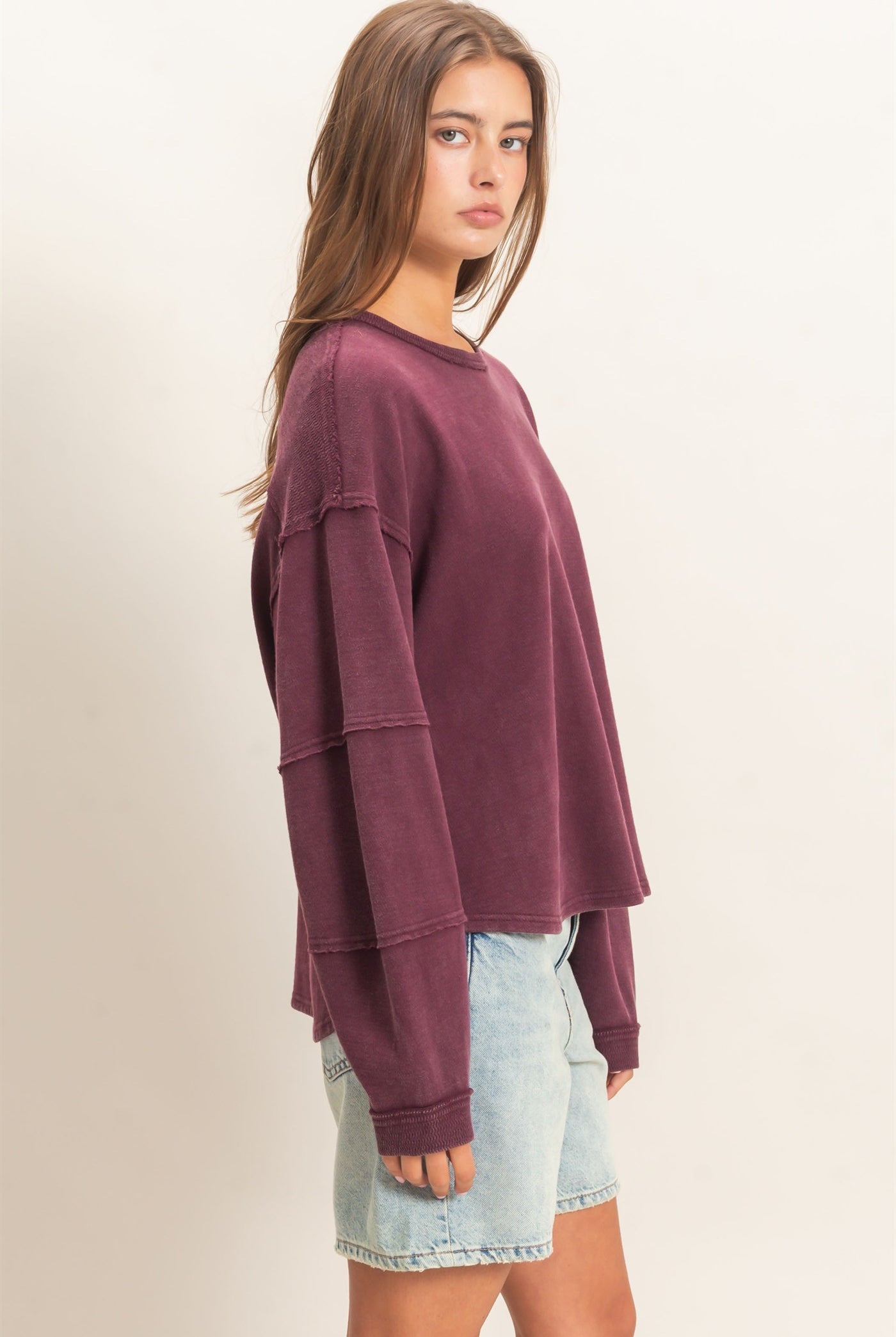 Wholesale Mineral Wash Overzised Raw Edge Crew Neck Top Clothing Tops DZ26E449 DARK CHERRY DOUBLE ZERO