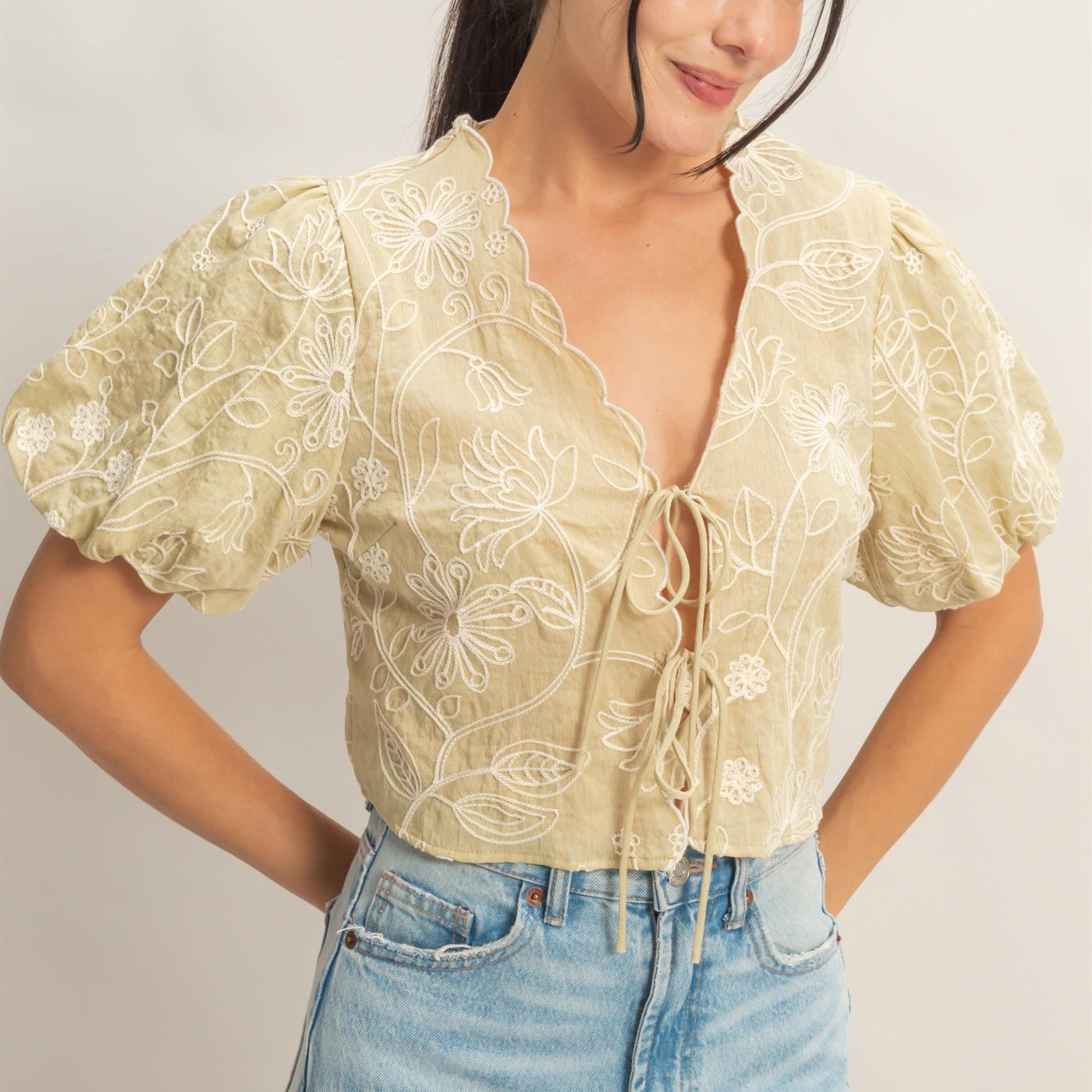 Wholesale Floral Embroidered Tie-Front Top Blouses HF26C556-D LIGHT SAGE HYFVE