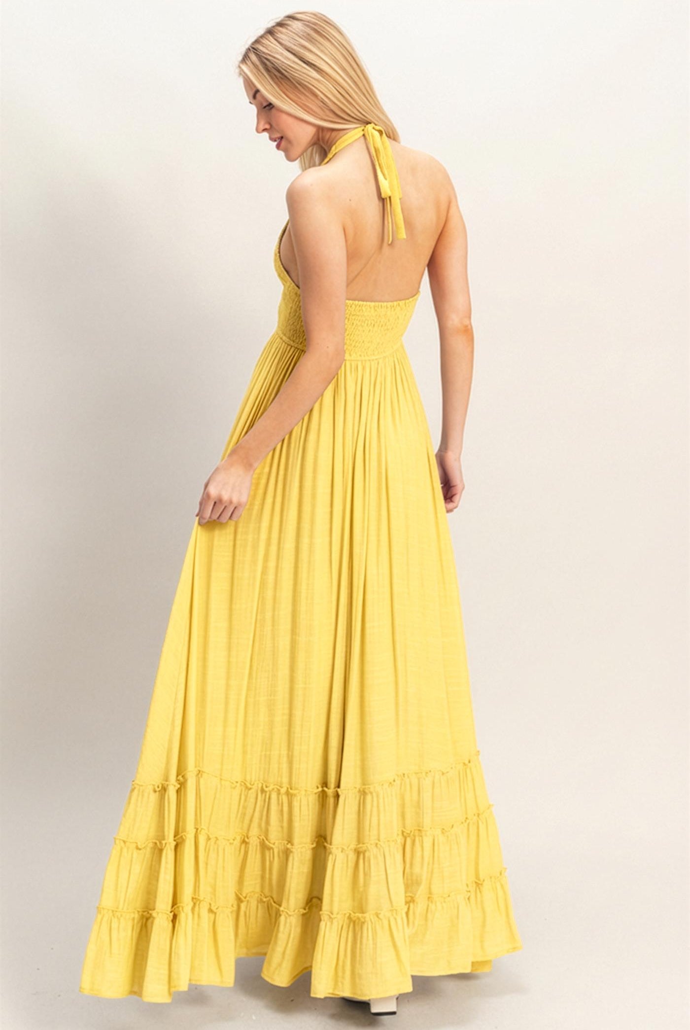 Wholesale Halter Neck Smocked Maxi Dress Dresses HF26C287-D LIGHT YELLOW HYFVE