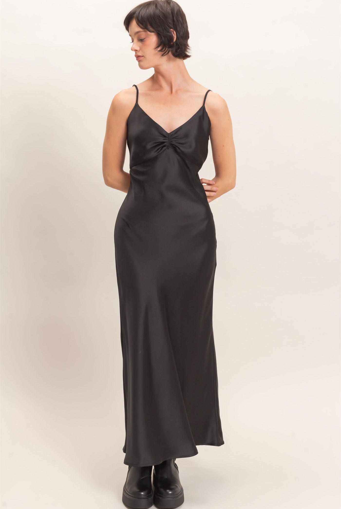 Wholesale Satin Slip Dress With Spaghetti Straps Dresses DZ26E380 BLACK DOUBLE ZERO