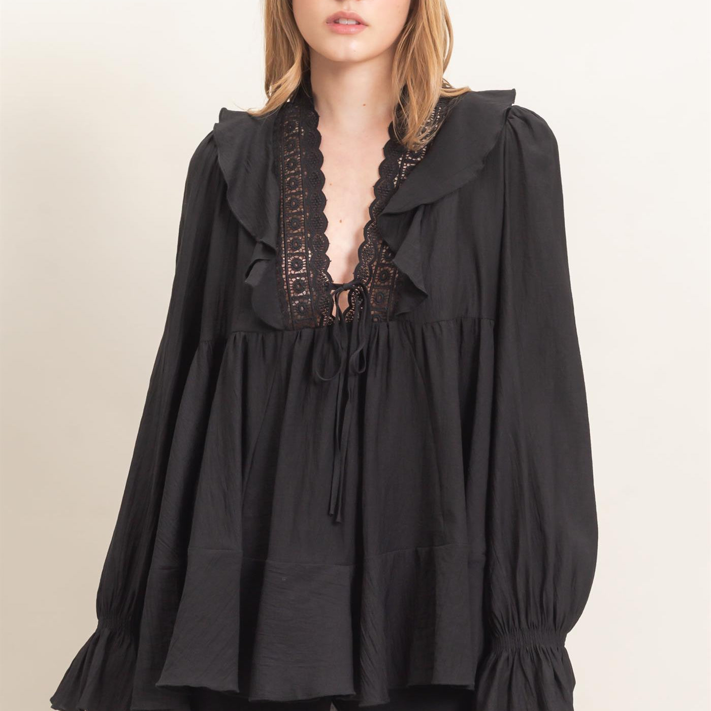 Wholesale Ruffle Lace Tie Neck Blouse Tunics HF26E642 BLACK HYFVE