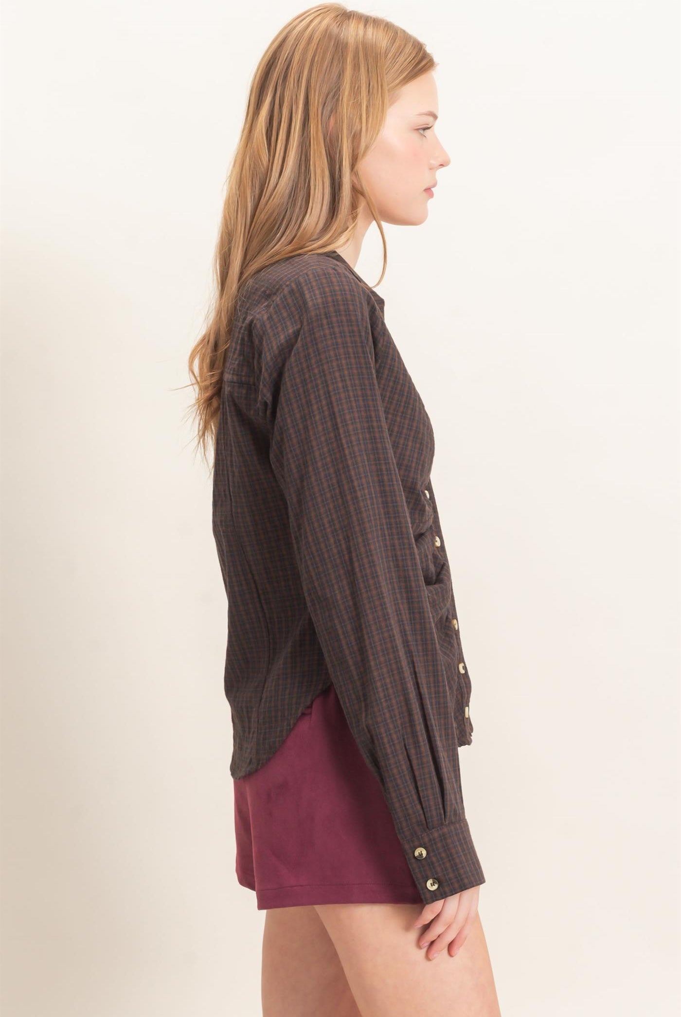 Wholesale Ruched Button-Down Shirt Blouses HF26E348 BROWN HYFVE