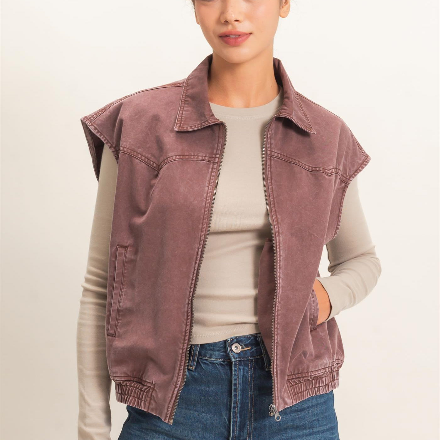 Wholesale Mineral Wash Sleeveless Zip-Up Collar Vest Vests DZ26E392 DARK BROWN DOUBLE ZERO