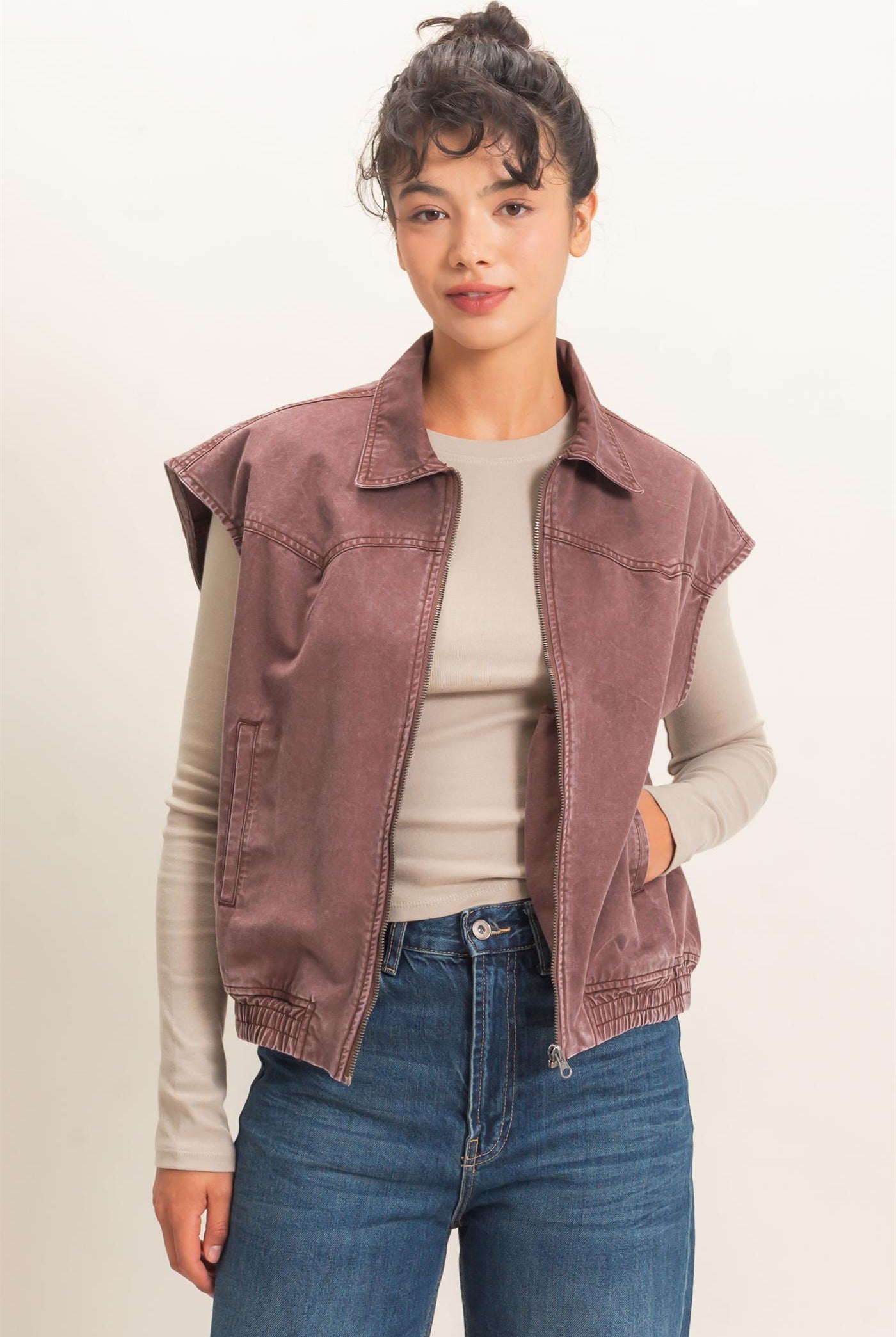 Wholesale Mineral Wash Sleeveless Zip-Up Collar Vest Vests DZ26E392 DARK BROWN DOUBLE ZERO