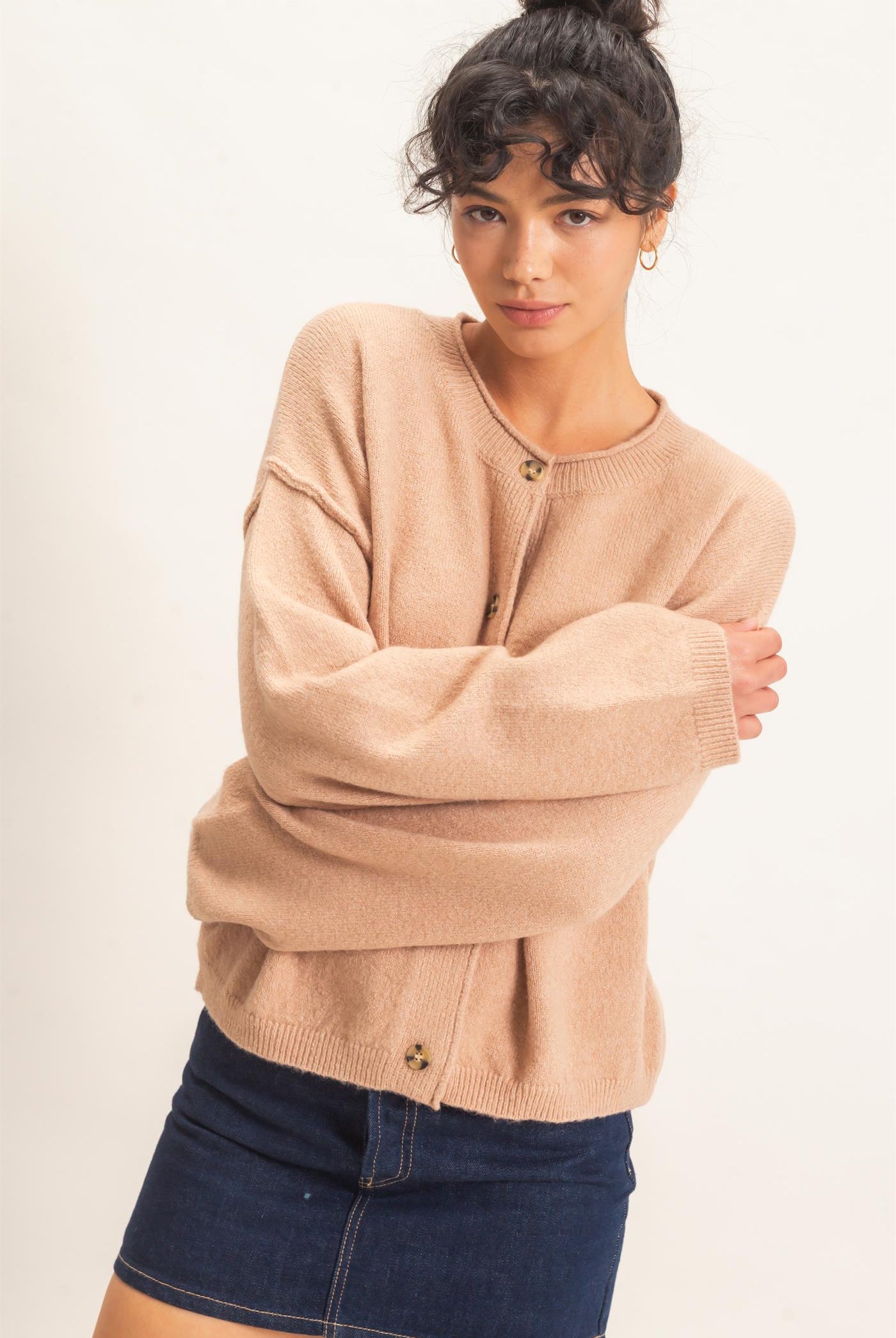Wholesale Crew Neck Loose Fit Cardigan Cardigans DZ26E269 DARK TAUPE DOUBLE ZERO