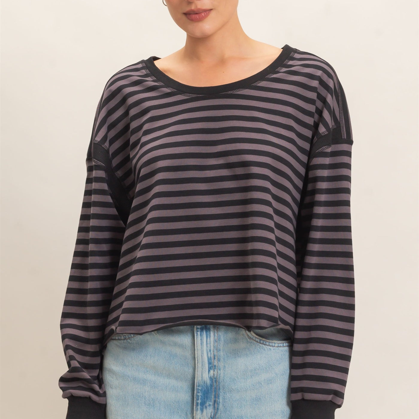 Wholesale Striped Long Sleeve Top Clothing Tops HF26C908-D CHARCOAL HYFVE