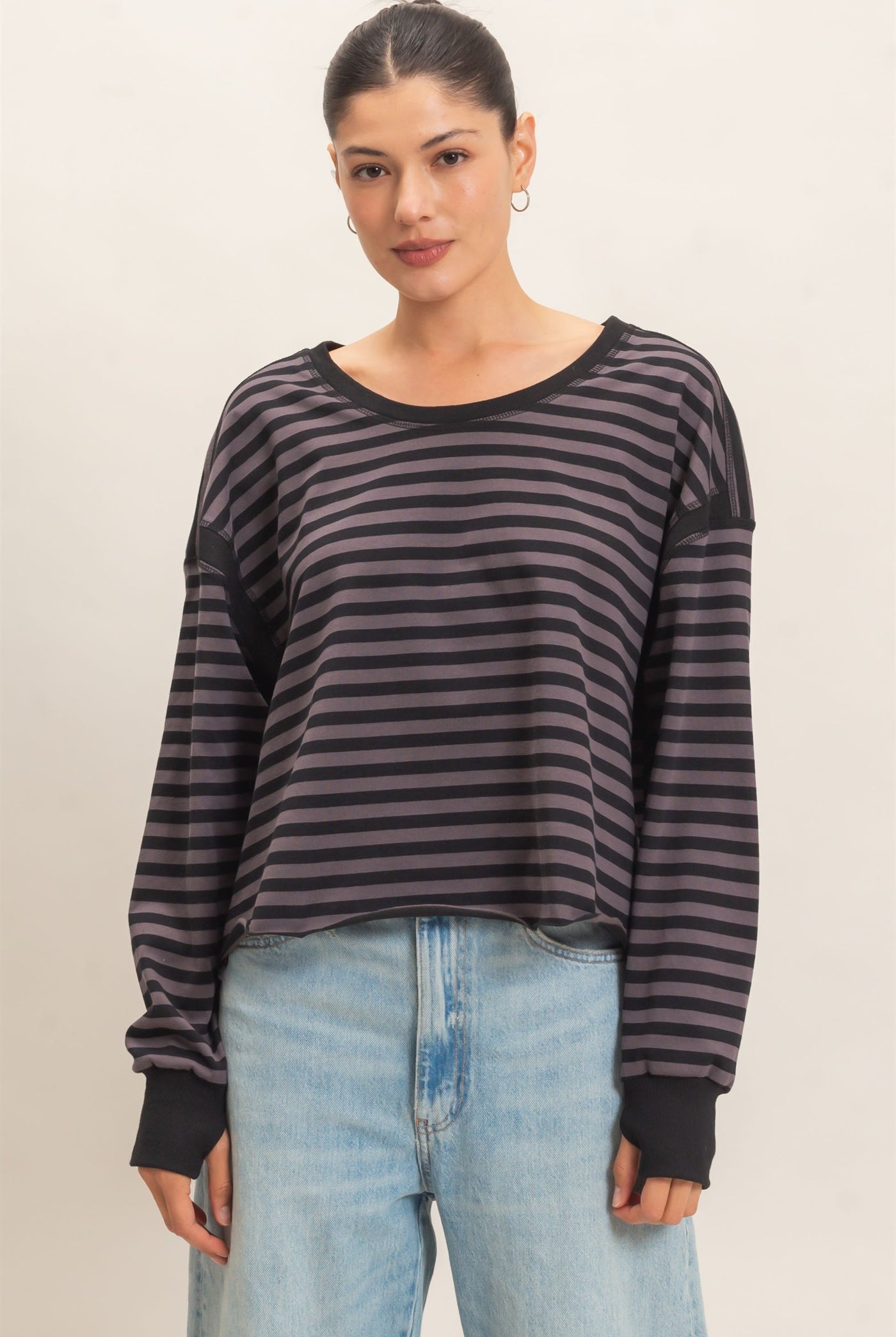 Wholesale Striped Long Sleeve Top Clothing Tops HF26C908-D CHARCOAL HYFVE