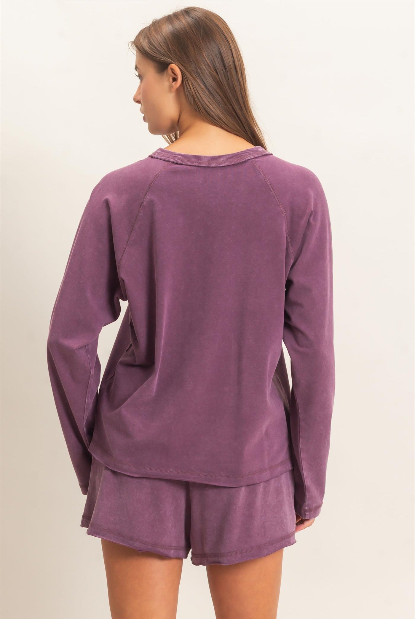 Wholesale Mineral Wash Long Sleeve Raw Edge Top & Shorts Set Clothing DZ26F403-SET DARK CHERRY DOUBLE ZERO