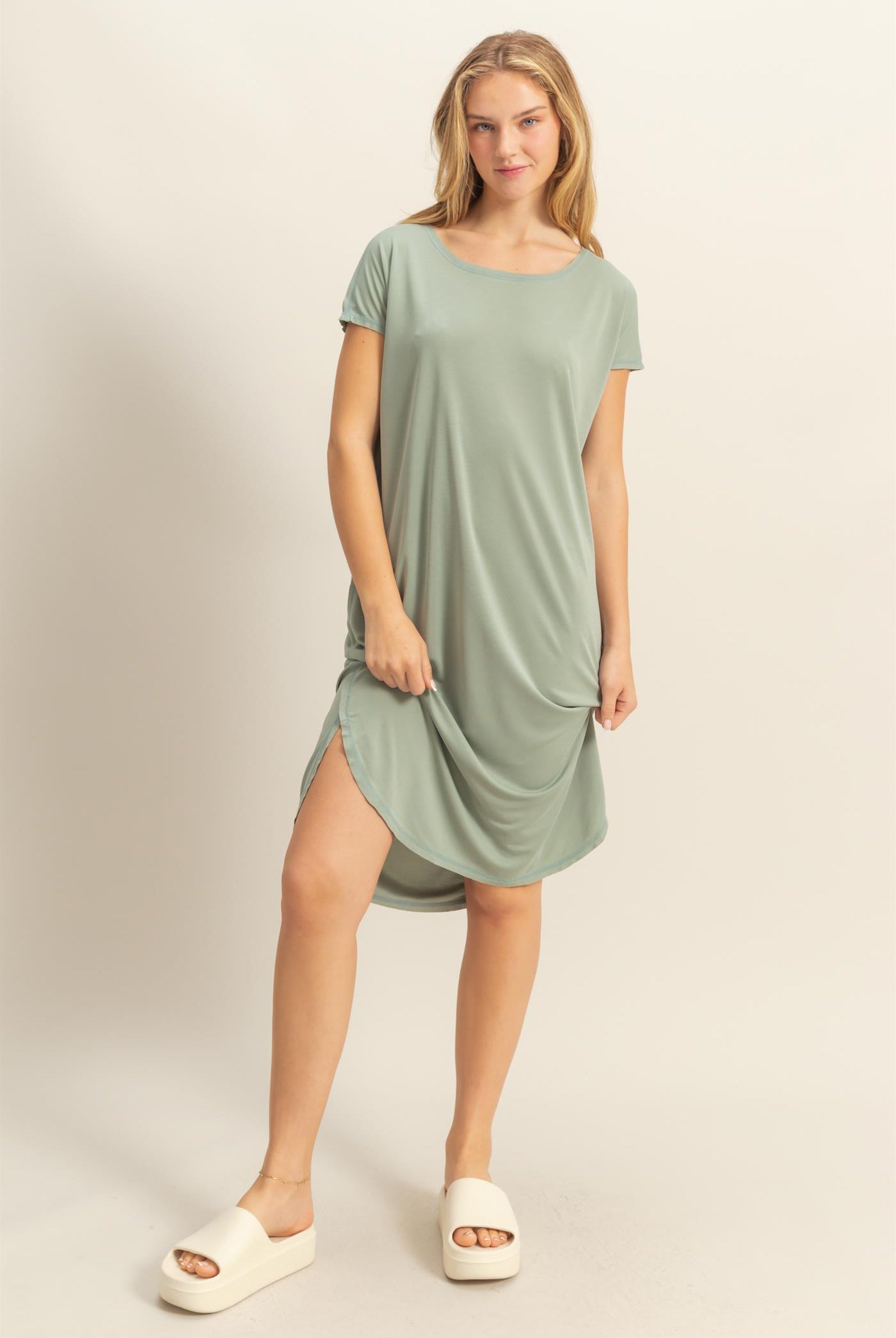 Wholesale Soft High Low Midi Dress With Round Hem Dresses DZ25E307 SAGE GREEN DOUBLE ZERO