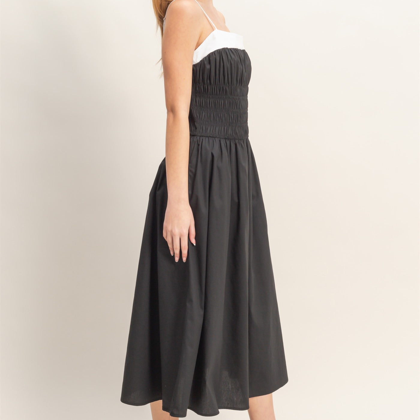 Wholesale Smocked Strapped Midi Dress Dresses HF26A624 BLACK HYFVE