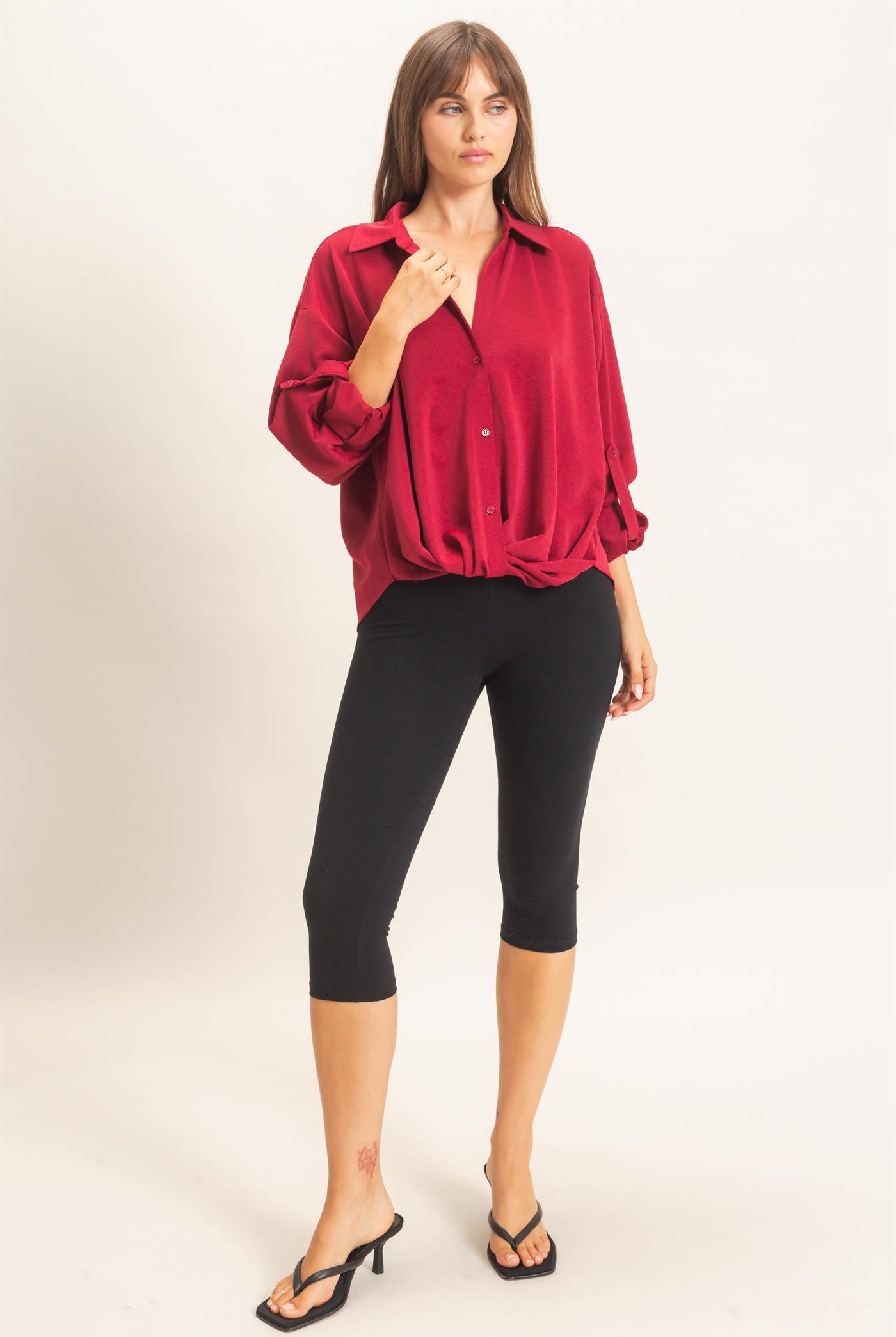 Wholesale Button-Up Dolman Sleeve Top Shirts HF26F070 BURGUNDY HYFVE