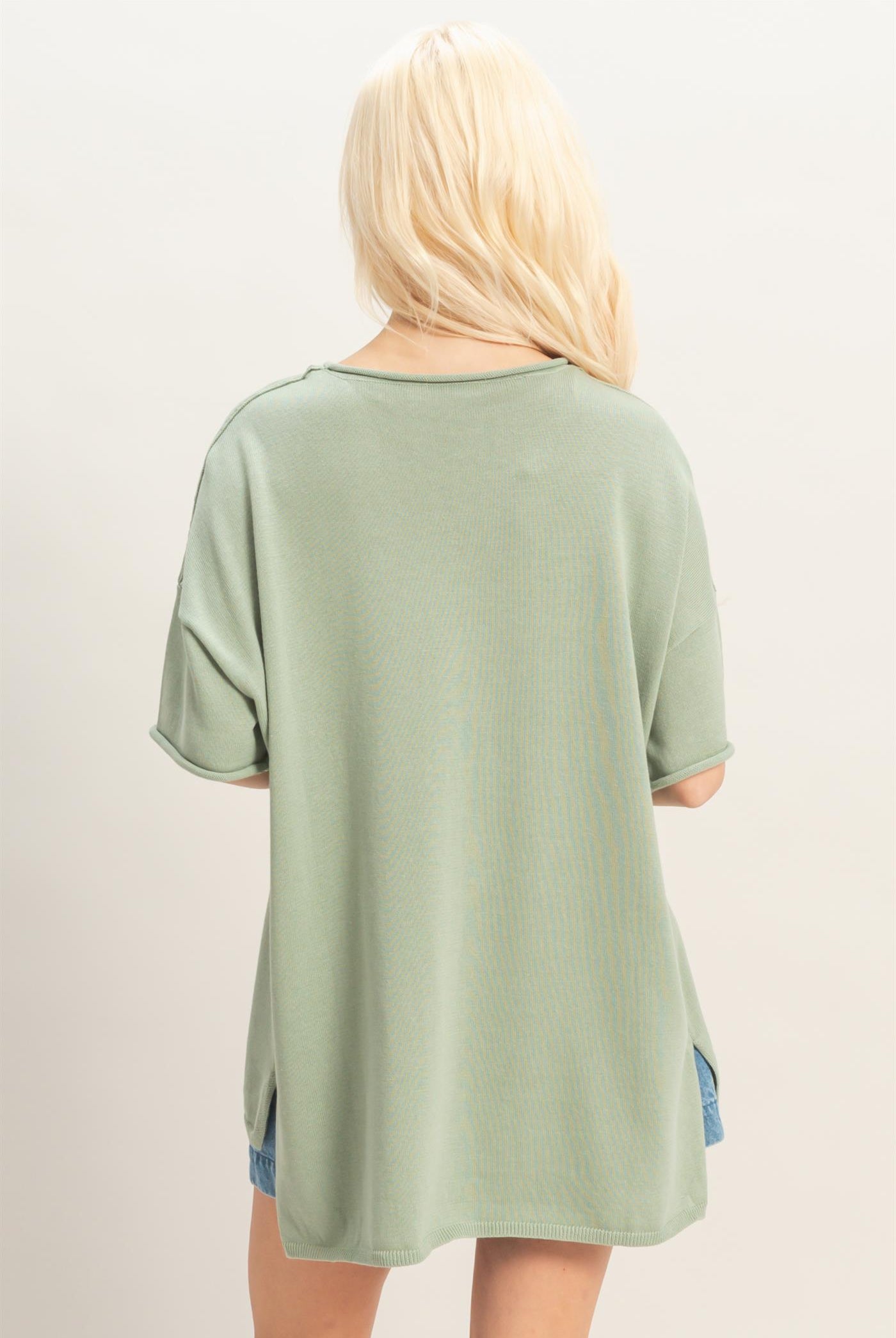 Wholesale Oversized Short Sleeve Round Neck Pocket Knit Top Clothing Tops DZ26A691 SAGE GREEN DOUBLE ZERO