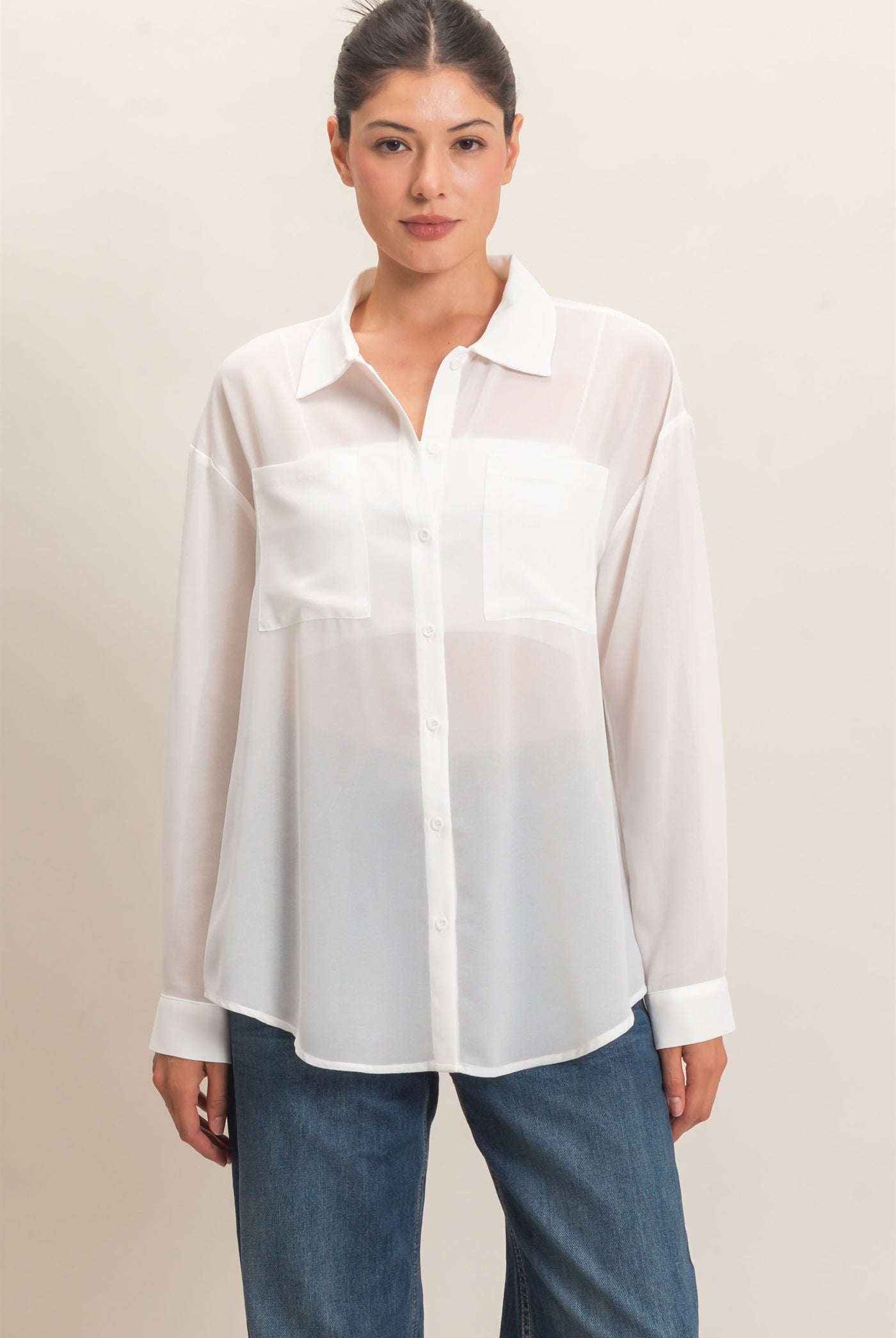 Wholesale Button-Down Collar Blouse Shirts HF26F067 OFF WHITE HYFVE