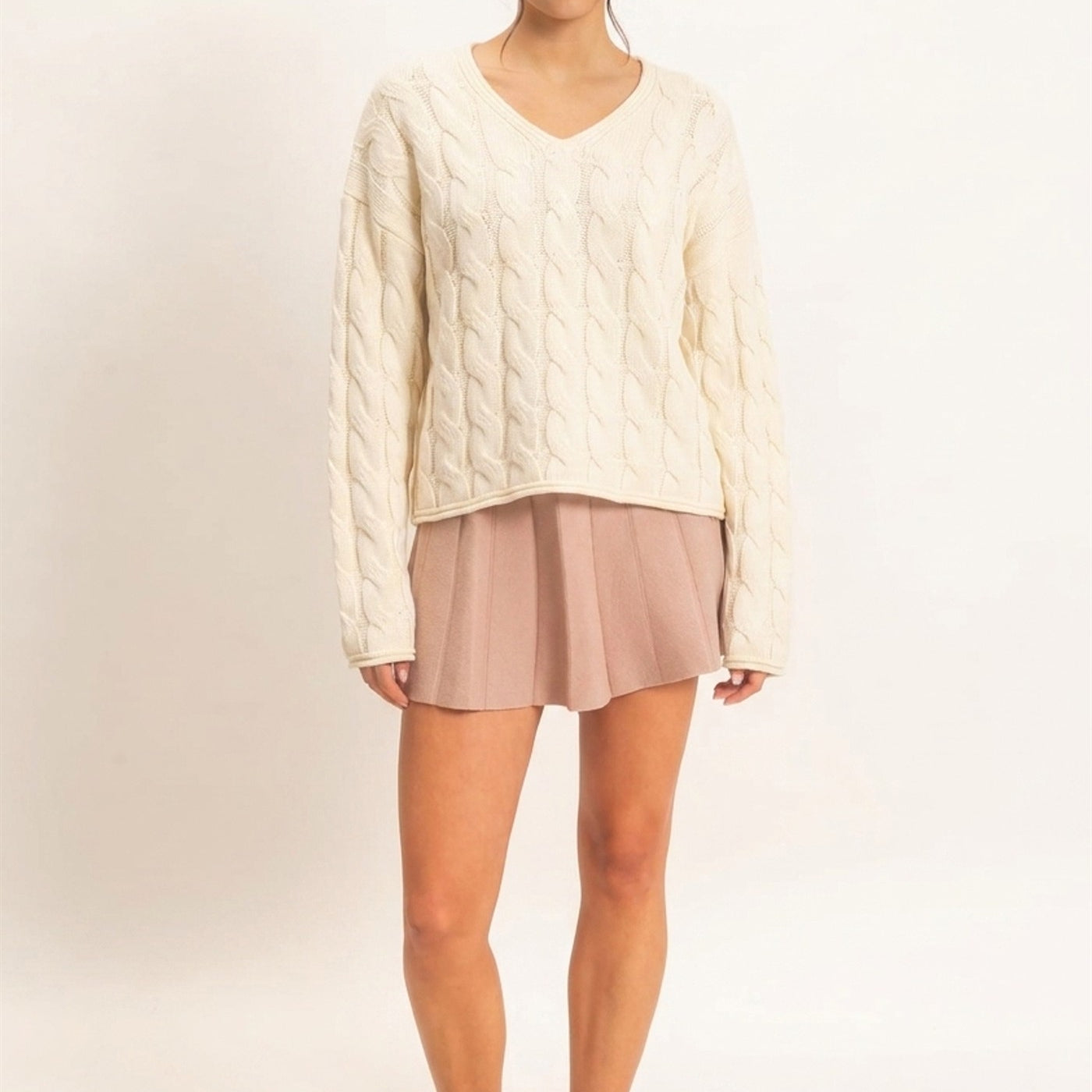 Wholesale Cable Knit V-Neck Sweater Sweaters DZ26E087 CREAM DOUBLE ZERO