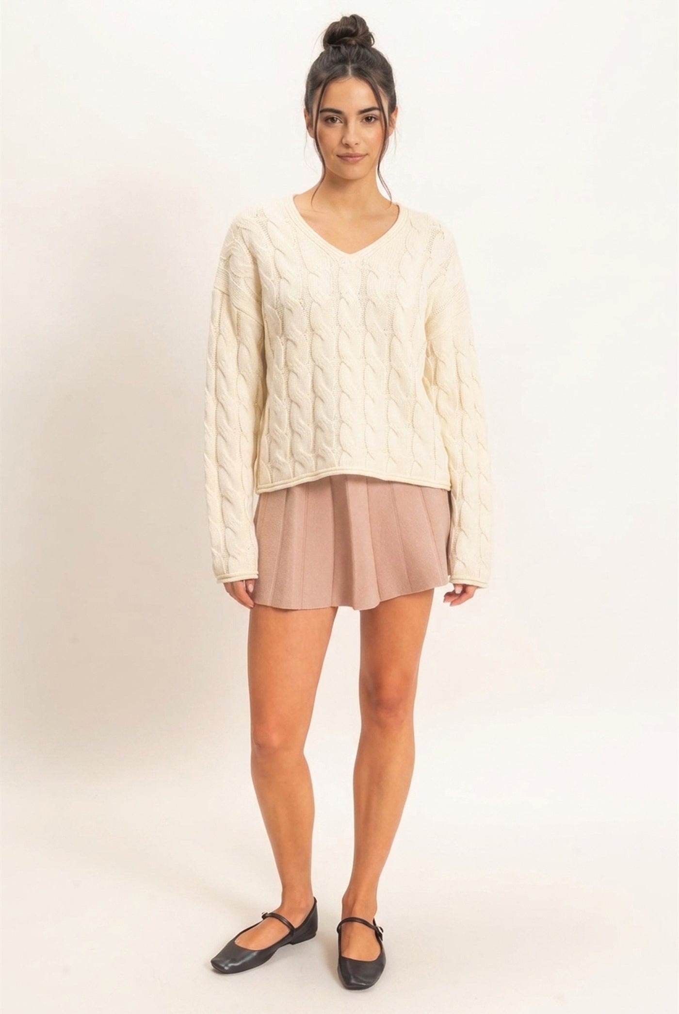 Wholesale Cable Knit V-Neck Sweater Sweaters DZ26E087 CREAM DOUBLE ZERO
