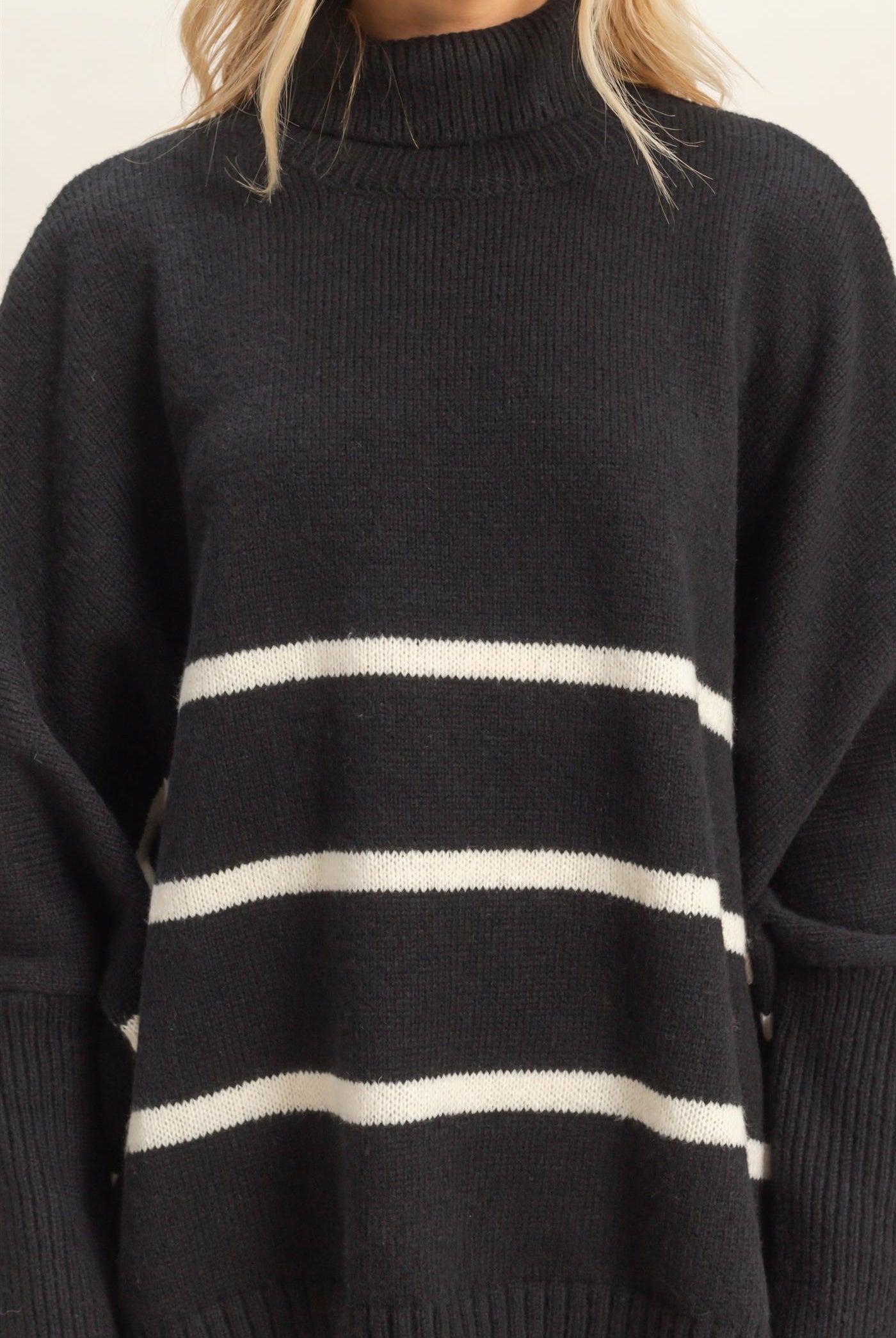 Wholesale Striped Turtle Neck Oversized Sweater Sweaters HF25F290 BLACK HYFVE