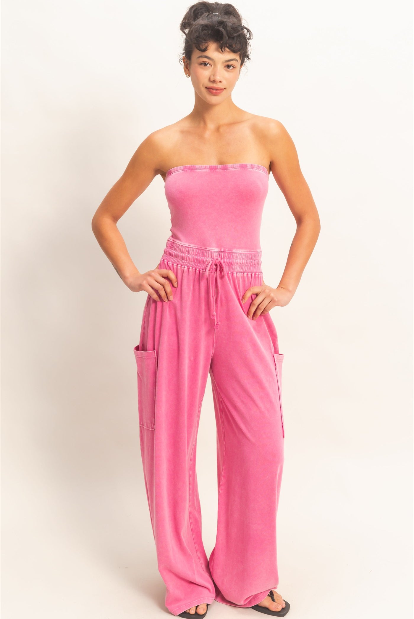 Wholesale Mineral Wash Strapless Wide-Leg Jumpsuit Clothing DZ26C376 FUCHSIA DOUBLE ZERO
