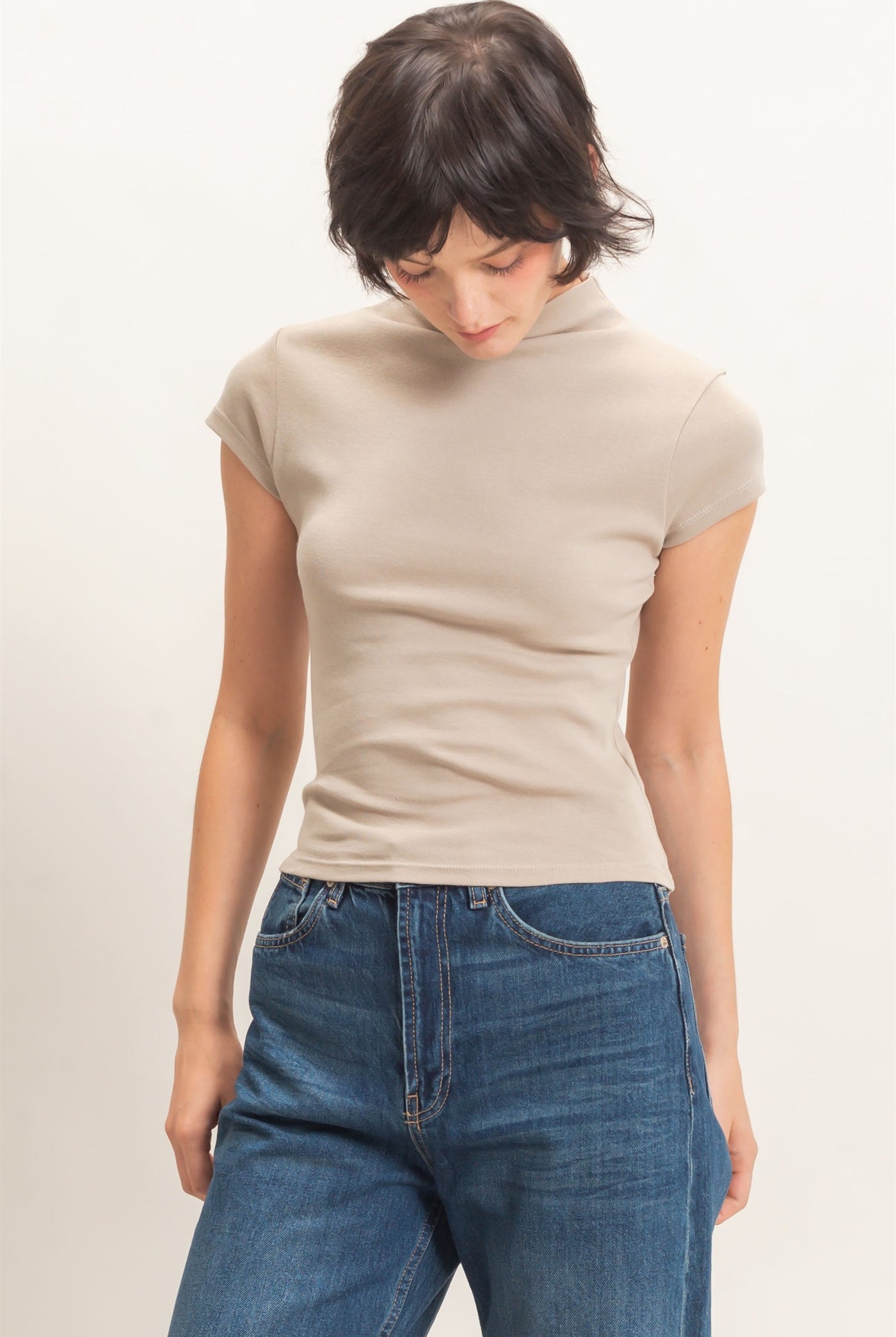 Wholesale Mock Neck Cap Sleeve Top Clothing Tops DZ26E323 WARM GRAY DOUBLE ZERO