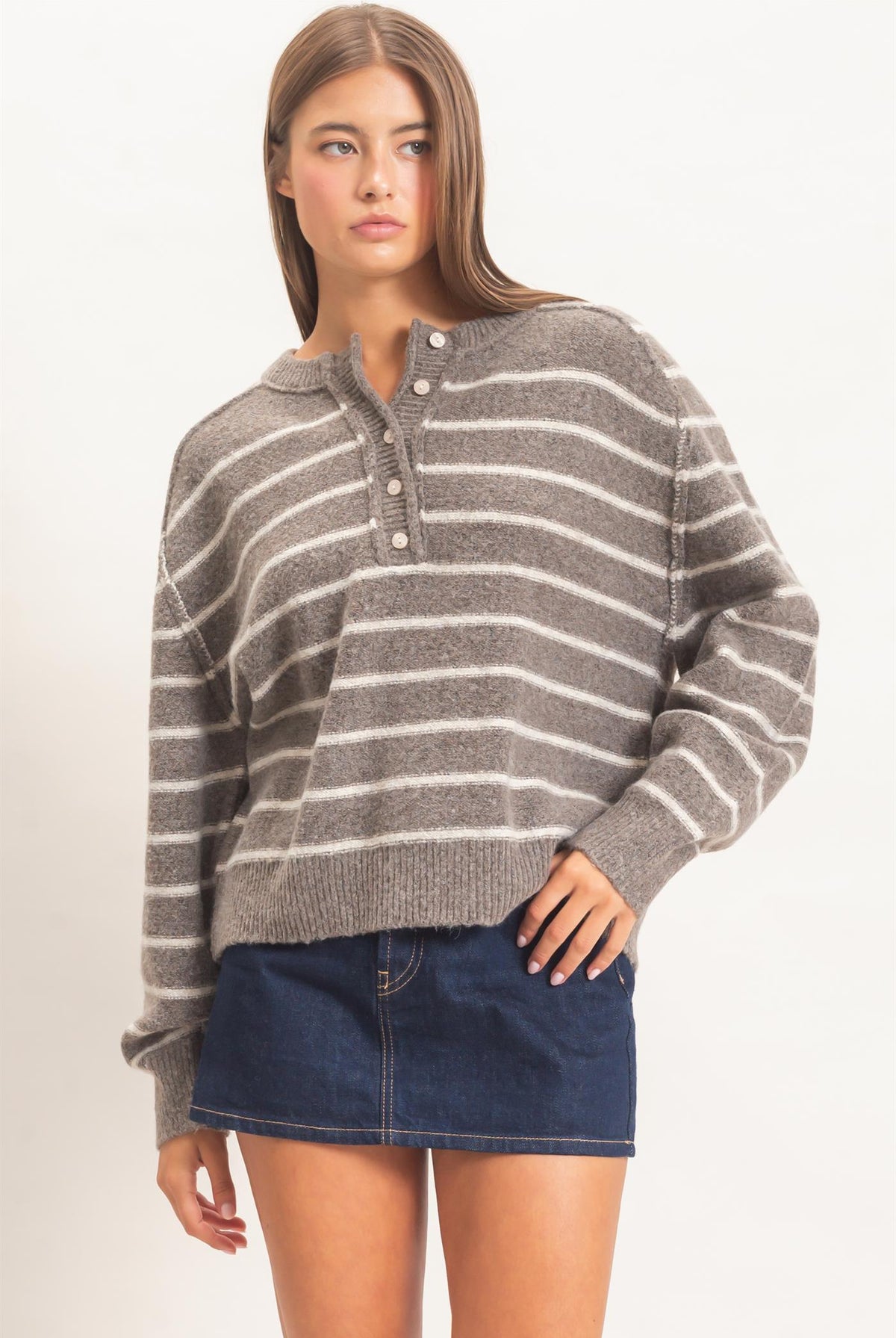 Wholesale Stripe Henley Sweater Sweaters DZ26F002 ASH BROWN DOUBLE ZERO