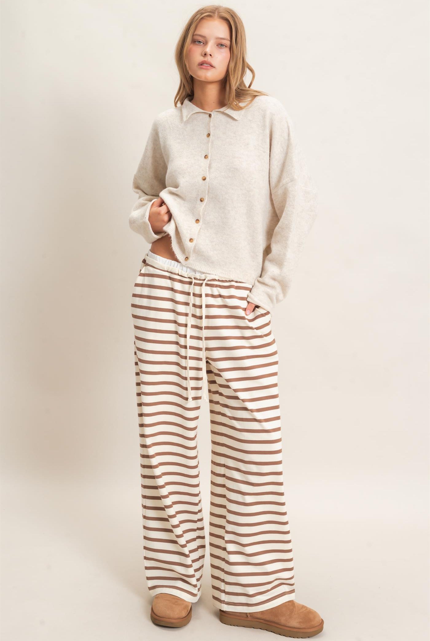 Wholesale Striped Wide-Leg Pants Pants HF26F229-D CREAM/ BROWN HYFVE