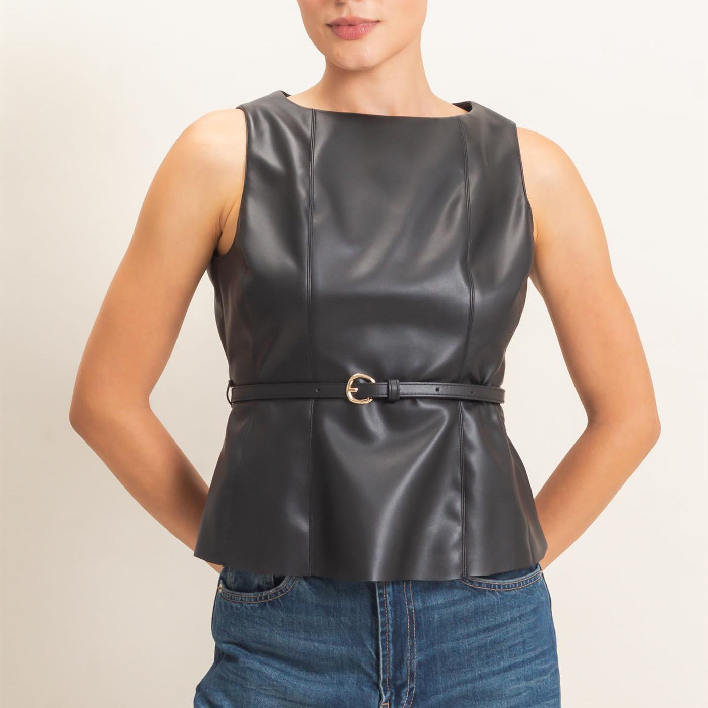 Wholesale Sleek Faux Leather Belted Top Clothing Tops HF26E543 BLACK HYFVE