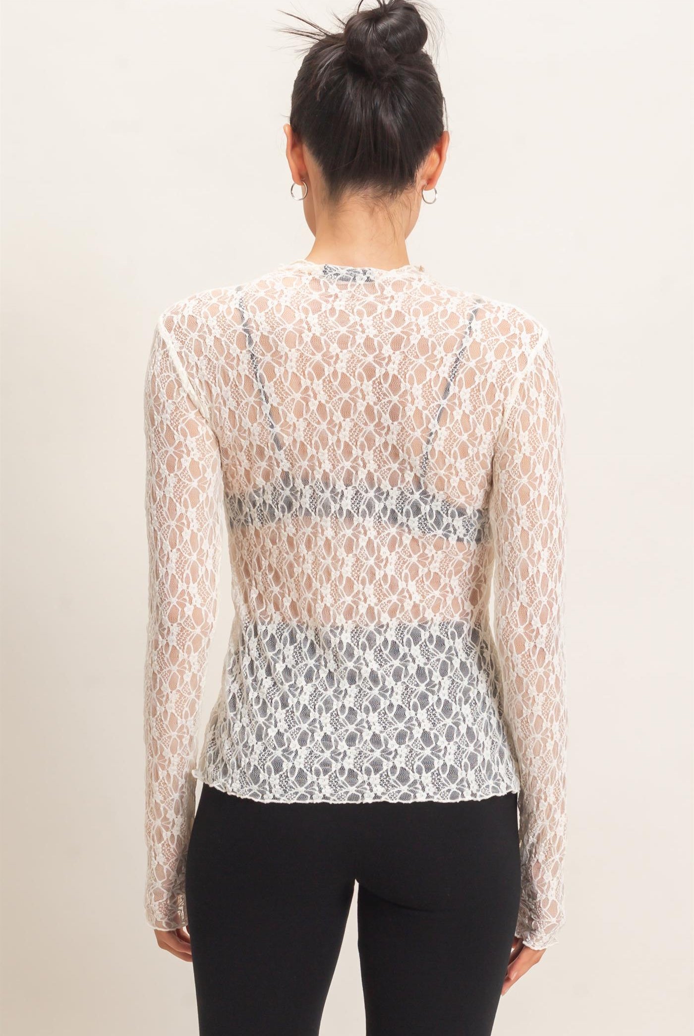Wholesale Lace Mock Neck Long Sleeve Top Clothing Tops HF26E033-D CREAM HYFVE