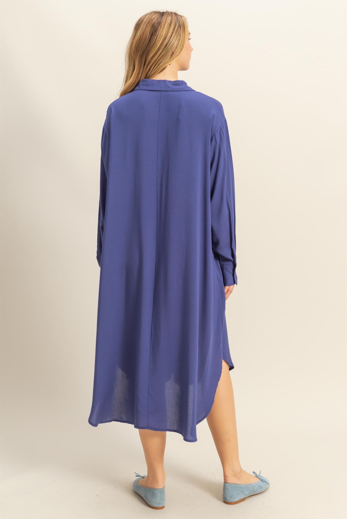 Wholesale V-Neck Long Sleeved Midi Shirts Dress Dresses DZ24E706 DUSTY INDIGO DOUBLE ZERO