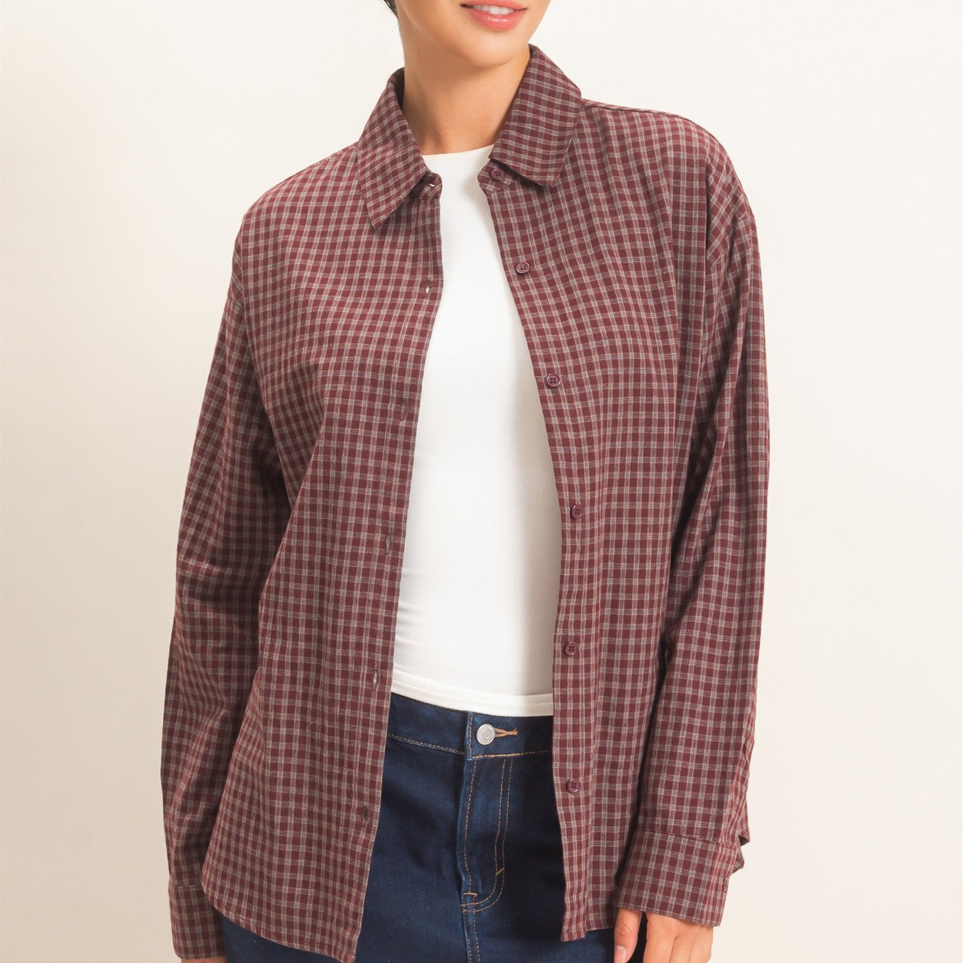 Wholesale Plaid Button-Up Shirt Shirts DZ26F012 BURGUNDY DOUBLE ZERO