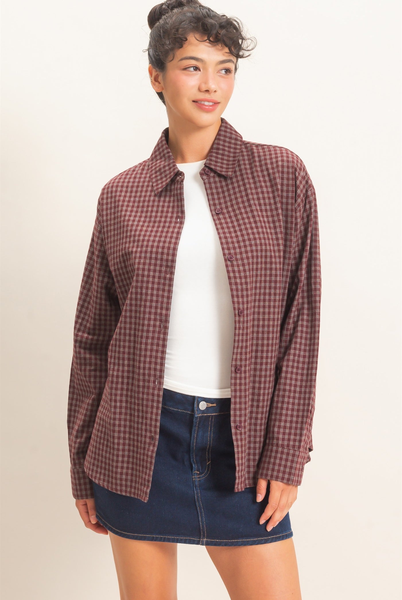 Wholesale Plaid Button-Up Shirt Shirts DZ26F012 BURGUNDY DOUBLE ZERO