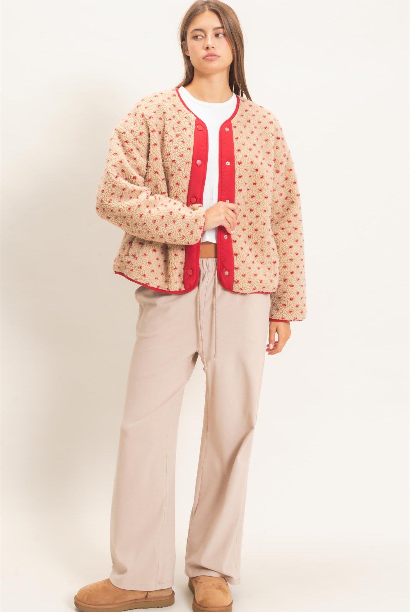 Wholesale Polka Dot Sherpa Jacket Coats & Jackets DZ26F160 RED DOUBLE ZERO