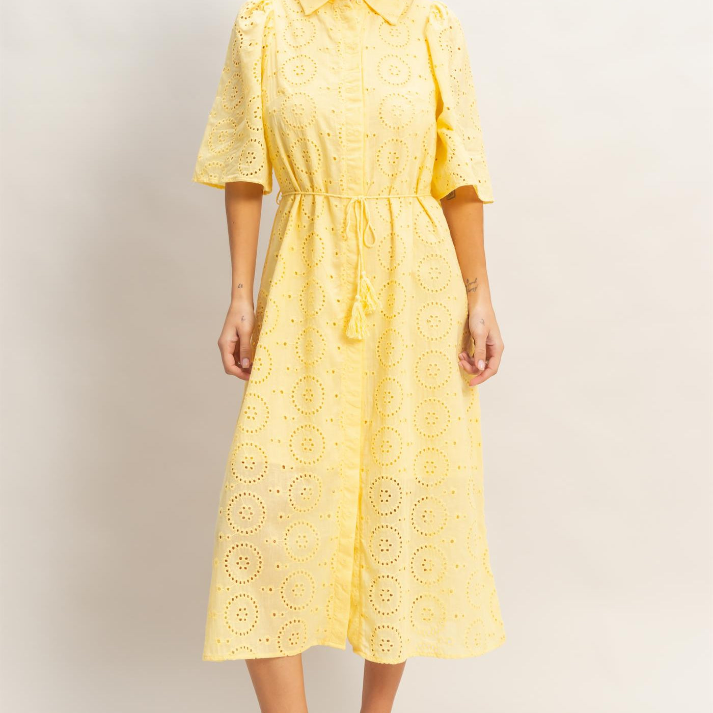Wholesale Eyelet Collared Midi Dress Dresses HF26A021 YELLOW HYFVE