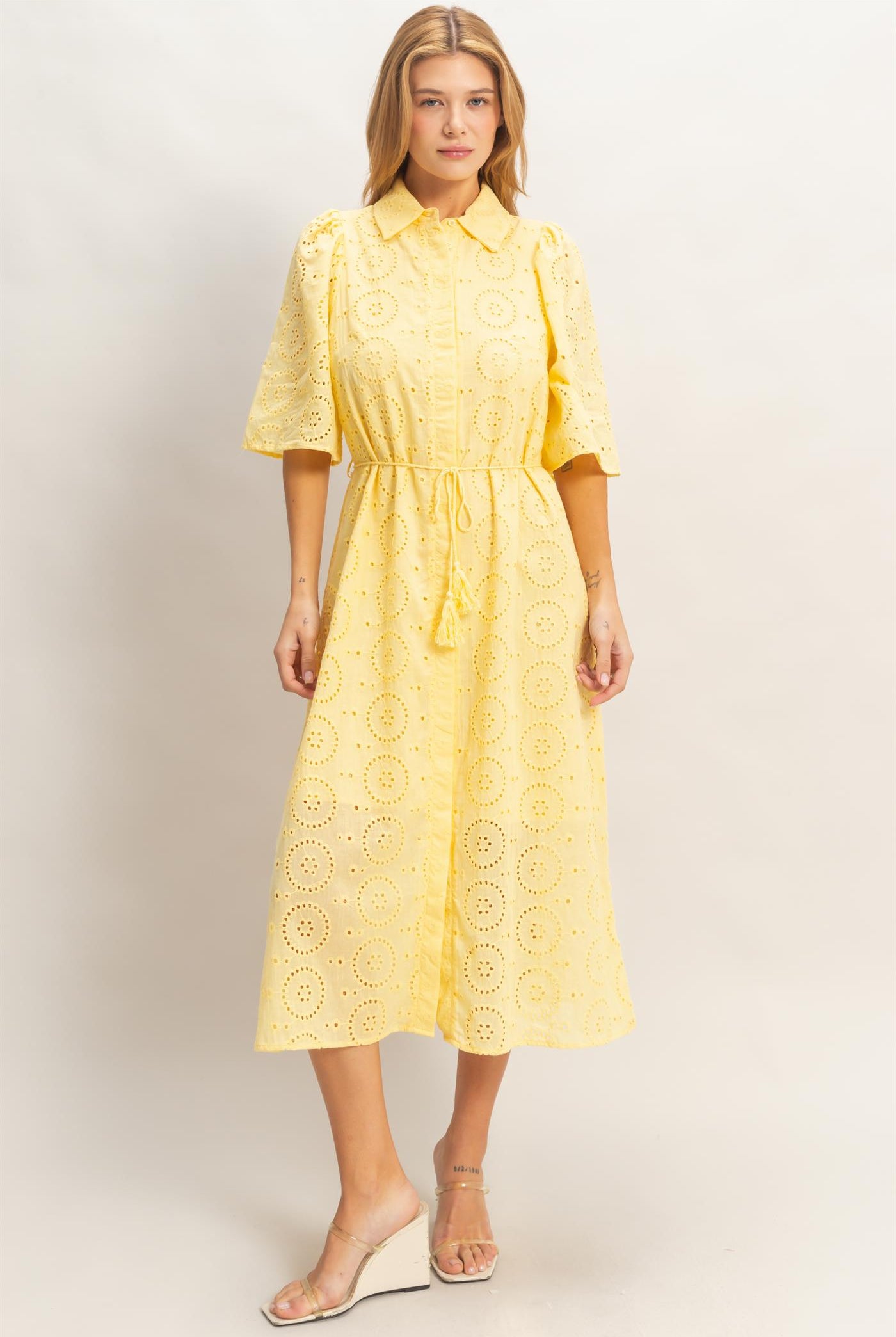 Wholesale Eyelet Collared Midi Dress Dresses HF26A021 YELLOW HYFVE