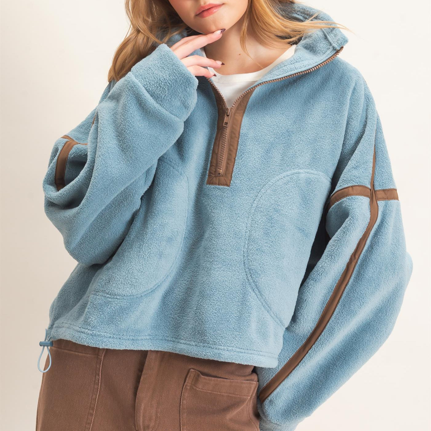 Wholesale Contrast Trim Half-Zip Fleece Pullover Outerwear HF26F206-D D.BLUE HYFVE