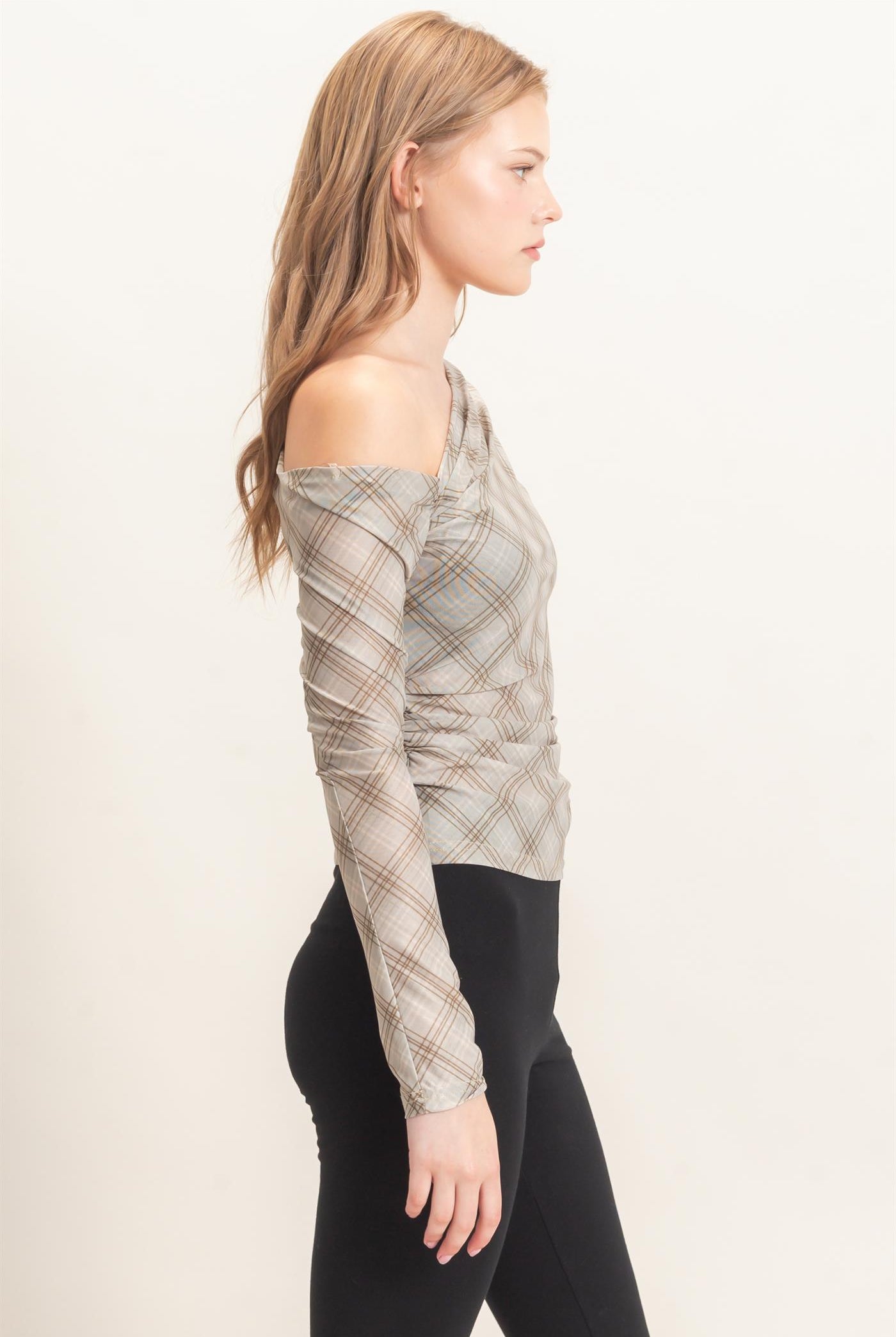 Wholesale Asymmetrical Plaid Off Shoulder Top Dresses HF26E710 SAGE HYFVE